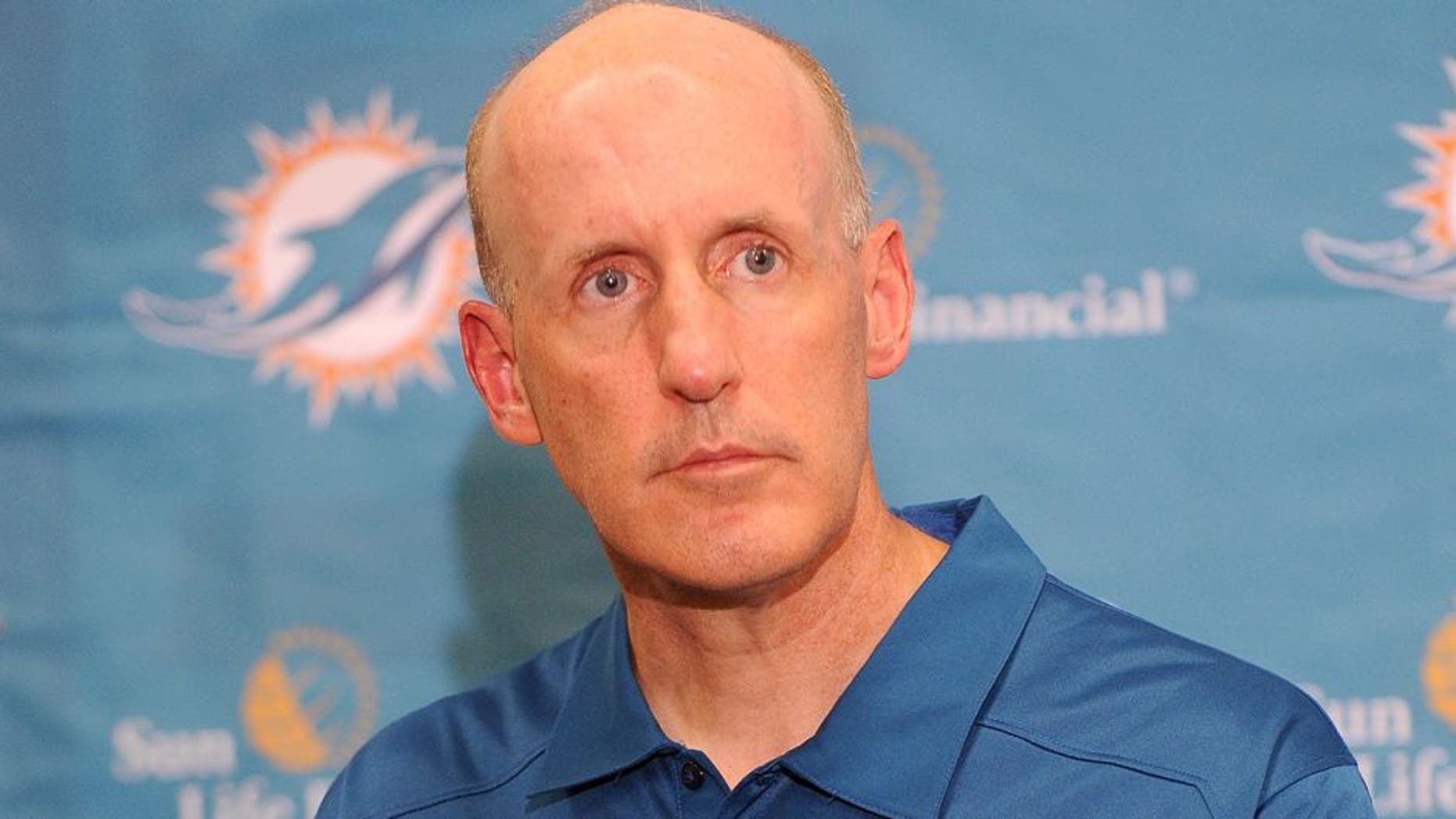CLEVELAND, OHIO - AUGUST 15, 2013: Head coach Joe Philbin of the Miami Dolphins answers questions from the media during the post game press conference after a game against the Cleveland Browns at FirstEnergy Stadium in Cleveland, Ohio. The Dolphins won 23-10. (Photo by David Dermer/Diamond Images/Getty Images)