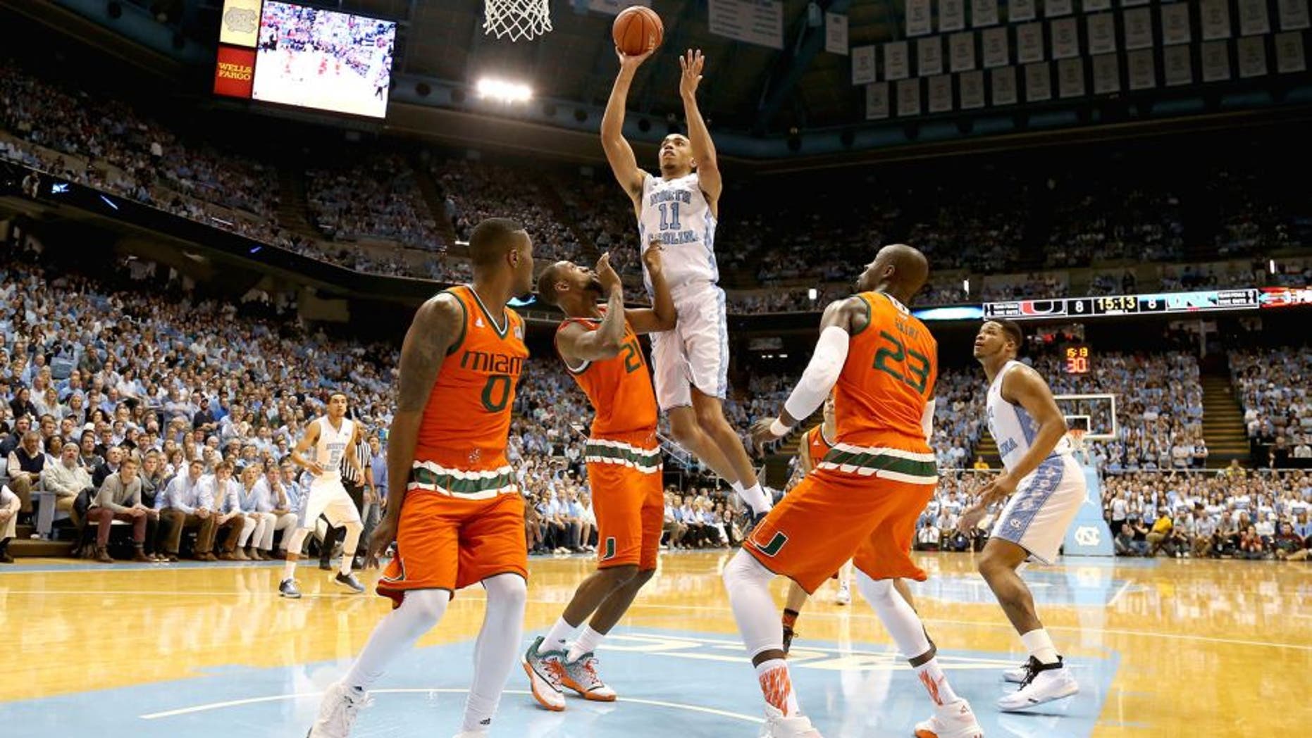 CHAPEL HILL, NC - FEBRUARY 20: Brice Johnson #11 of the North Carolina Tar Heels shoots over Kamari Murphy #21 of the Miami Hurricanes during their game at Dean Smith Center on February 20, 2016 in Chapel Hill, North Carolina. (Photo by Streeter Lecka/Getty Images)