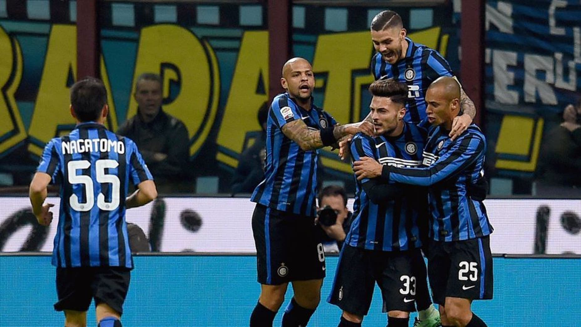 MILAN, ITALY - FEBRUARY 20: Danilo D'Ambrosio of FC Internazionale (C) celebrates after scoring the opening goal during the Serie A match between FC Internazionale Milano and UC Sampdoria at Stadio Giuseppe Meazza on February 20, 2016 in Milan, Italy. (Photo by Claudio Villa - Inter/Inter via Getty Images)