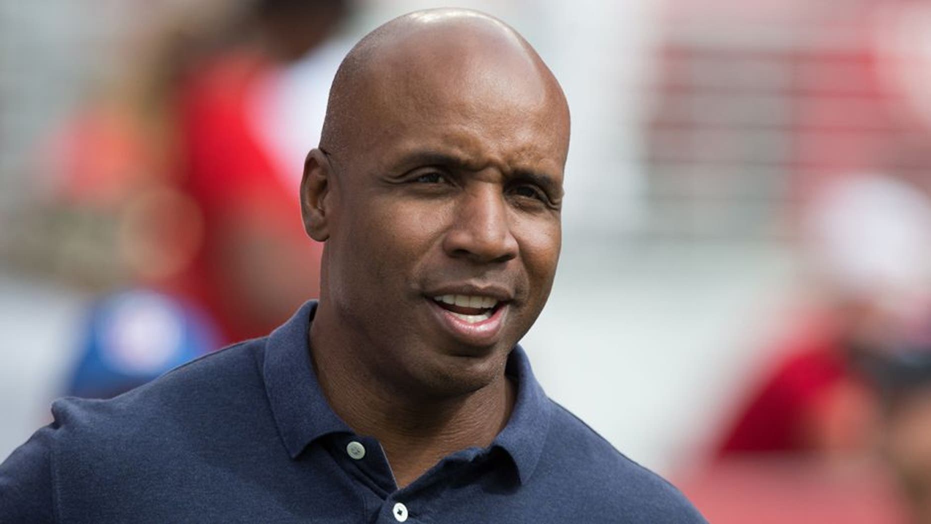 Oct 18, 2015; Santa Clara, CA, USA; Former San Francisco Giants baseball player Barry Bonds on the field before the game between the San Francisco 49ers and the Baltimore Ravens at Levi's Stadium. Mandatory Credit: Kelley L Cox-USA TODAY Sports