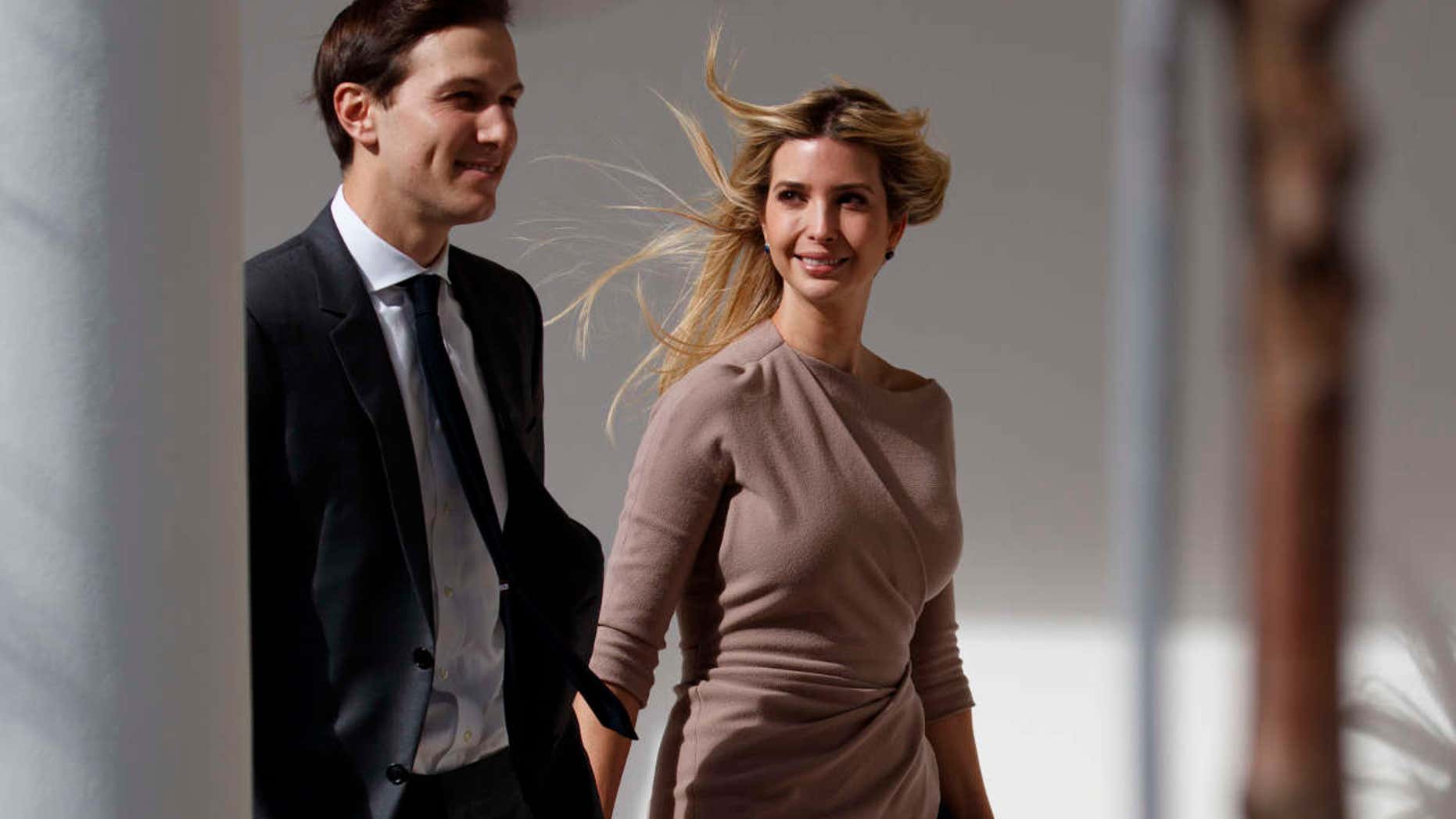 Ivanka Trump, right, walks with her husband Jared Kushner, senior adviser to the president, to a news conference with President Donald Trump and Japanese Prime Minister Shinzo Abe, Friday, Feb. 10, 2017, at the White House in Washington