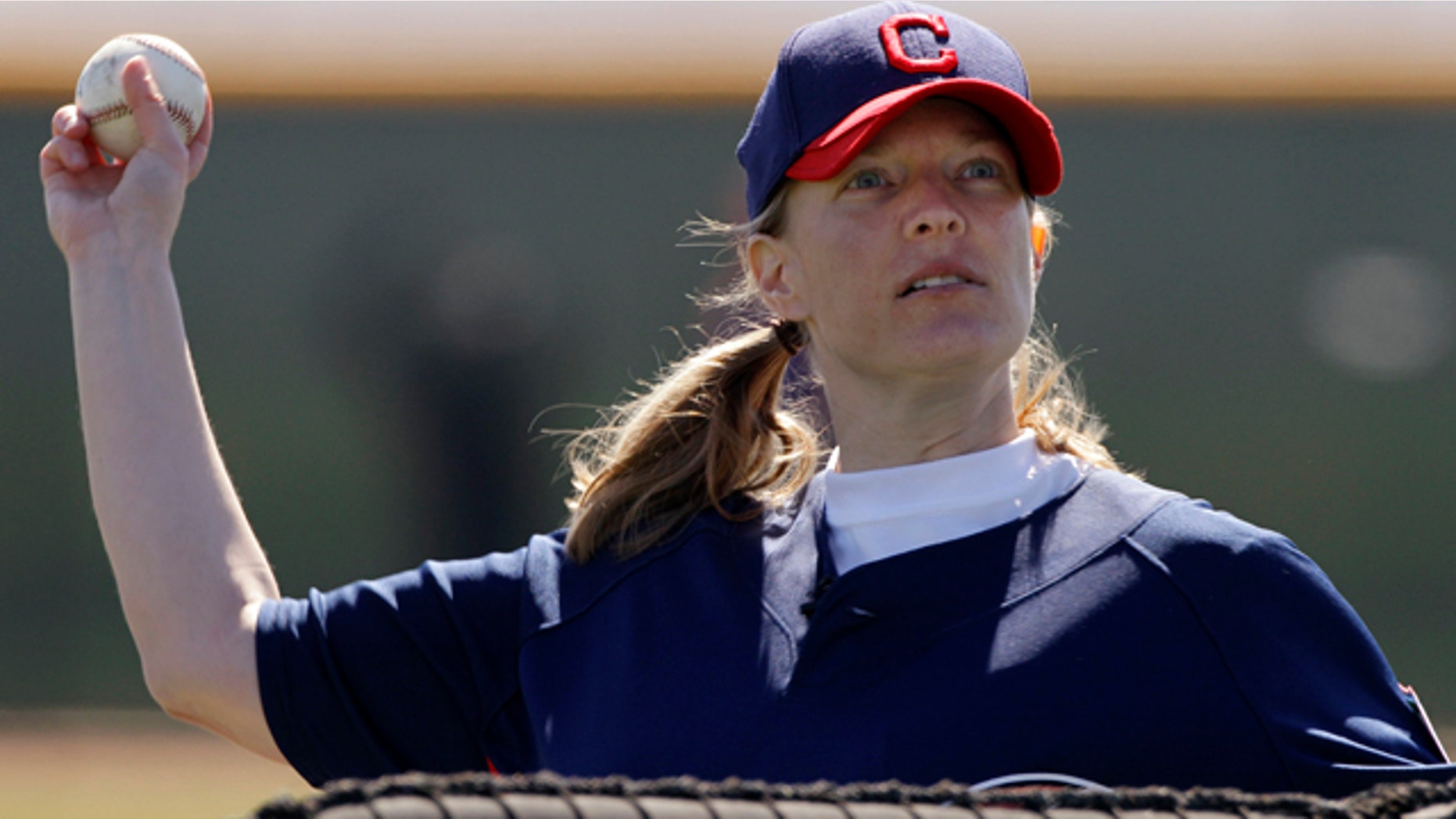 Feb. 21: Justine Siegal throws batting practice to Cleveland Indians catchers during baseball spring training in Goodyear, Ariz.