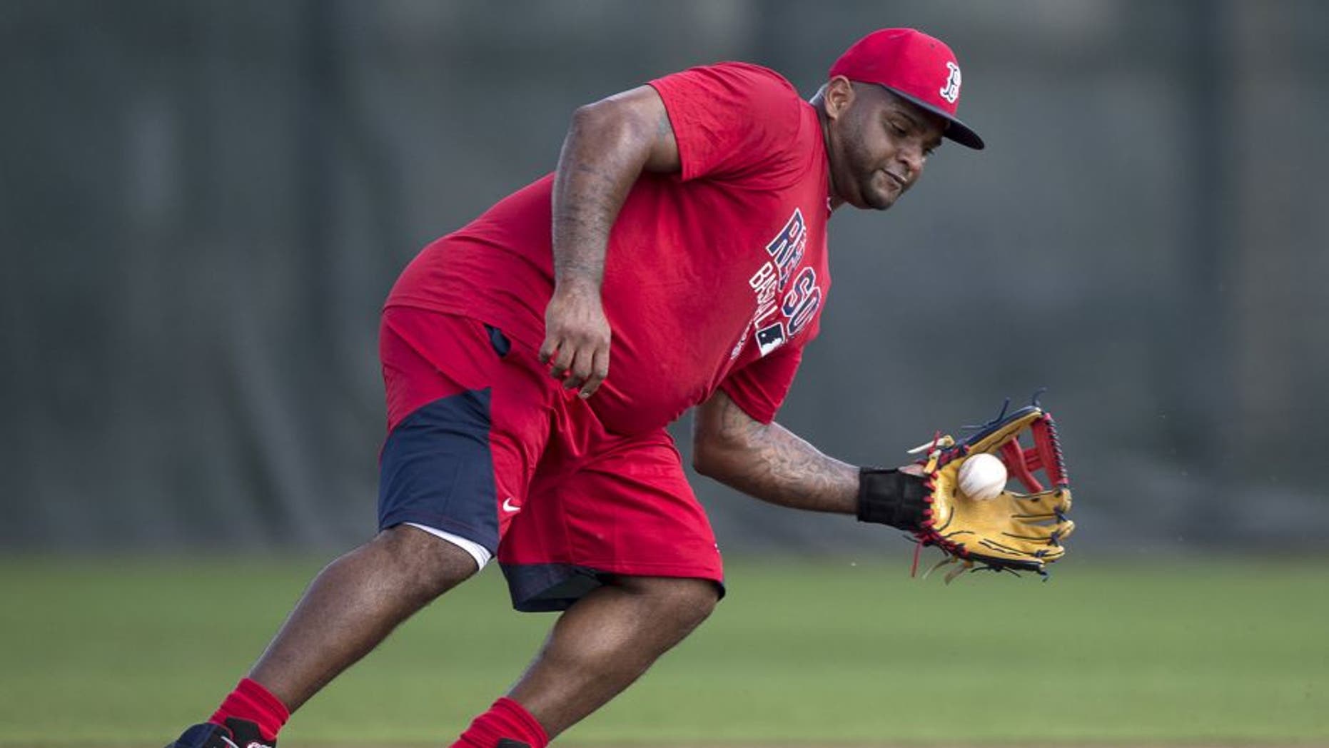 FT. MYERS, FL - FEBRUARY 21: Pablo Sandoval #48 of the Boston Red Sox fields a ground ball from third base on February 21, 2016 at Fenway South in Fort Myers, Florida . (Photo by Michael Ivins/Boston Red Sox/Getty Images)