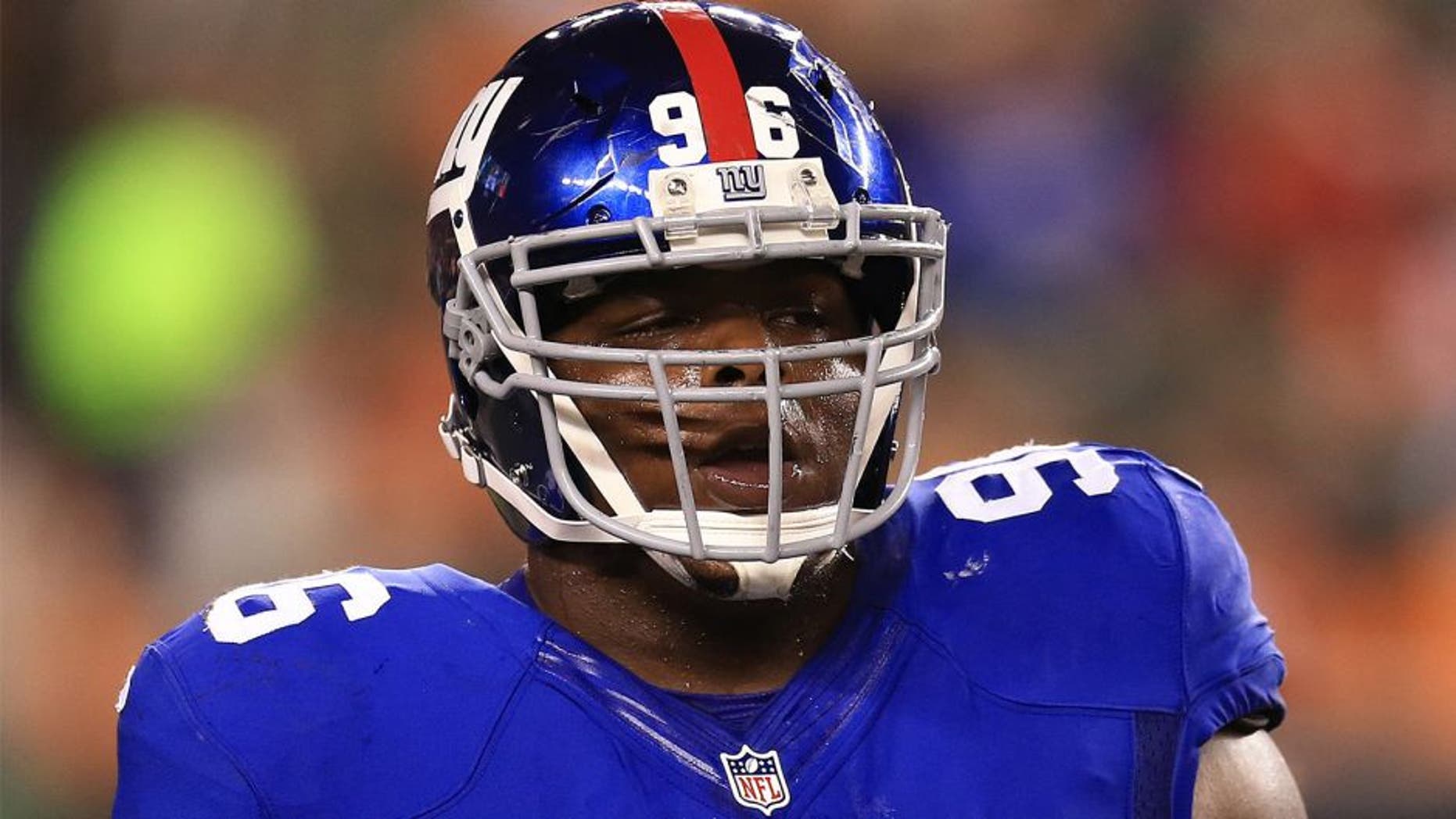 Aug 14, 2015; Cincinnati, OH, USA; New York Giants defensive tackle Jay Bromley (96) in a preseason NFL football game against the Cincinnati Bengals at Paul Brown Stadium. Mandatory Credit: Andrew Weber-USA TODAY Sports