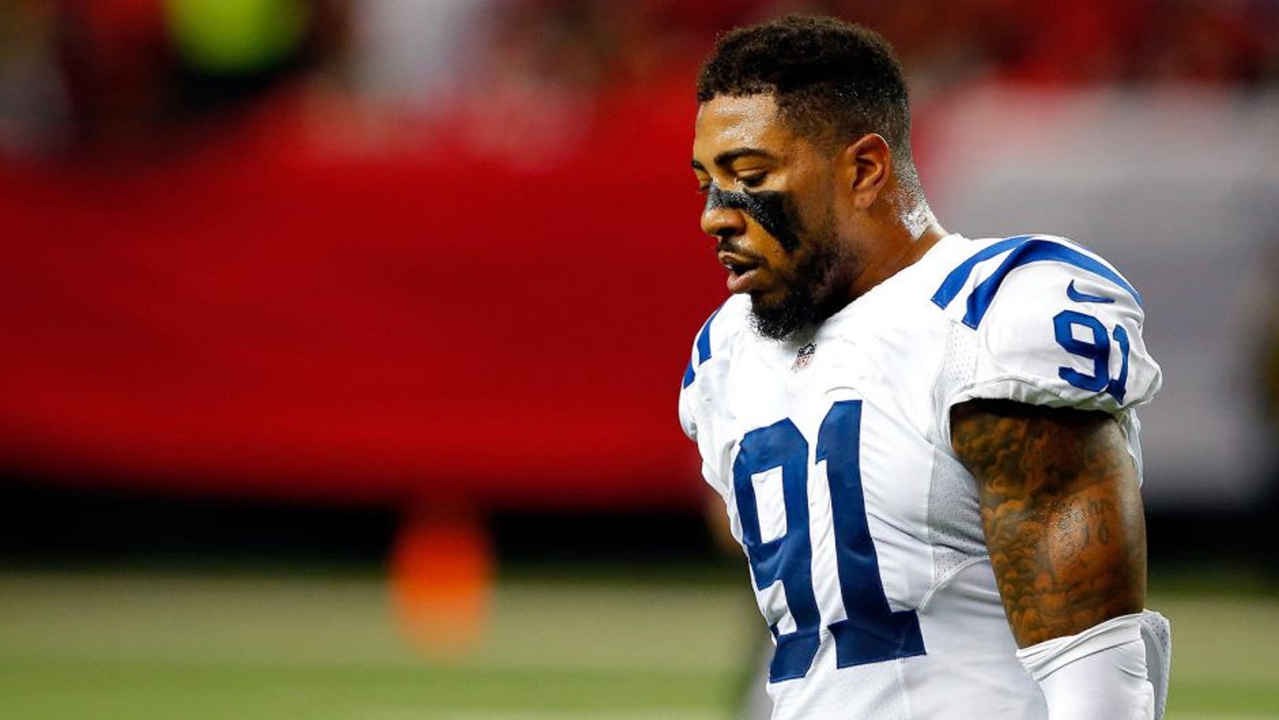 ATLANTA, GA - NOVEMBER 22: Jonathan Newsome #91 of the Indianapolis Colts reacts after a holding penalty during the second half against the Atlanta Falcons at the Georgia Dome on November 22, 2015 in Atlanta, Georgia. (Photo by Kevin C. Cox/Getty Images)