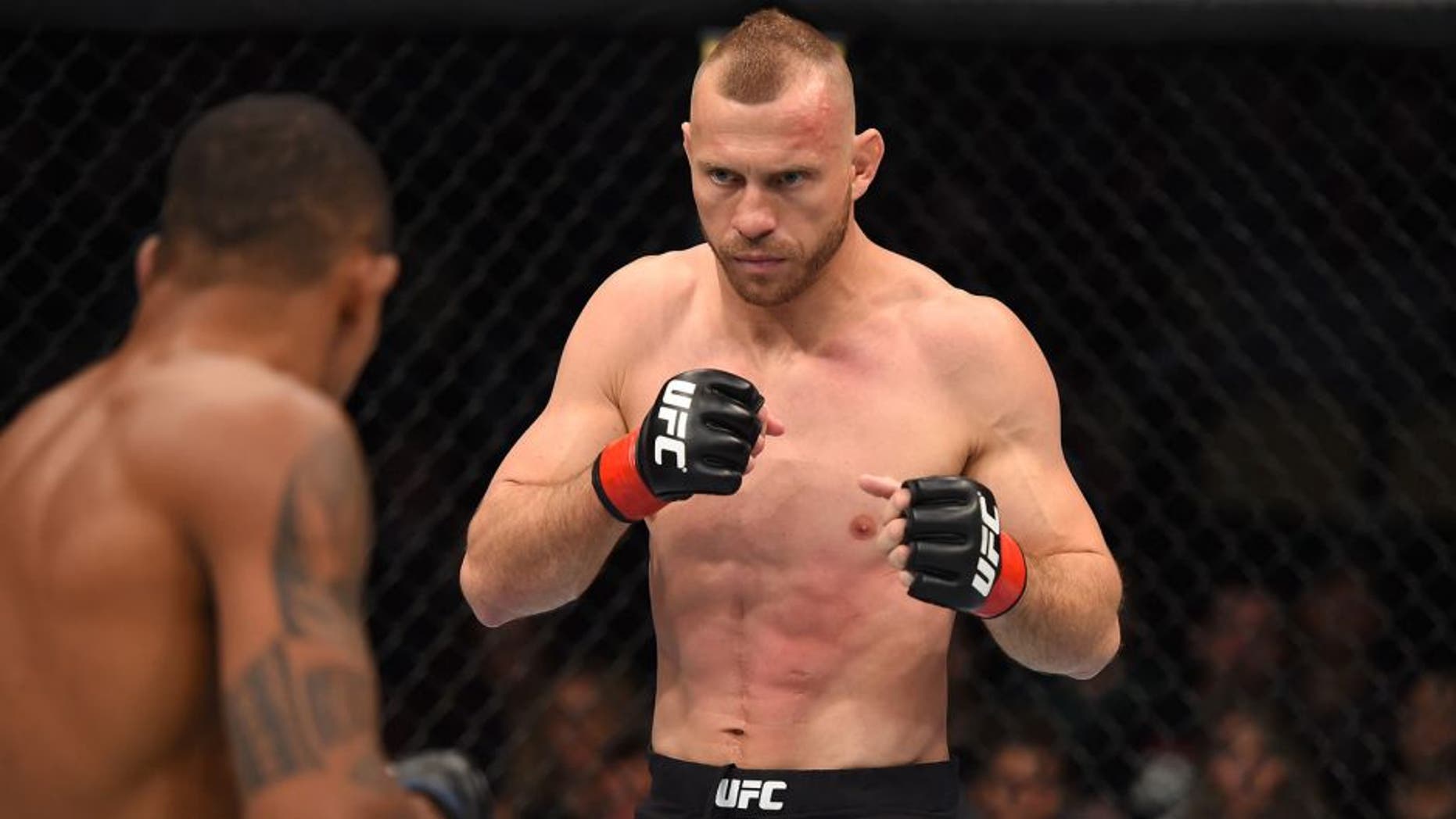 PITTSBURGH, PA - FEBRUARY 21: (R-L) Donald Cerrone circles Alex Oliveira in their welterweight bout during the UFC Fight Night event at Consol Energy Center on February 21, 2016 in Pittsburgh, Pennsylvania. (Photo by Jeff Bottari/Zuffa LLC/Zuffa LLC via Getty Images)