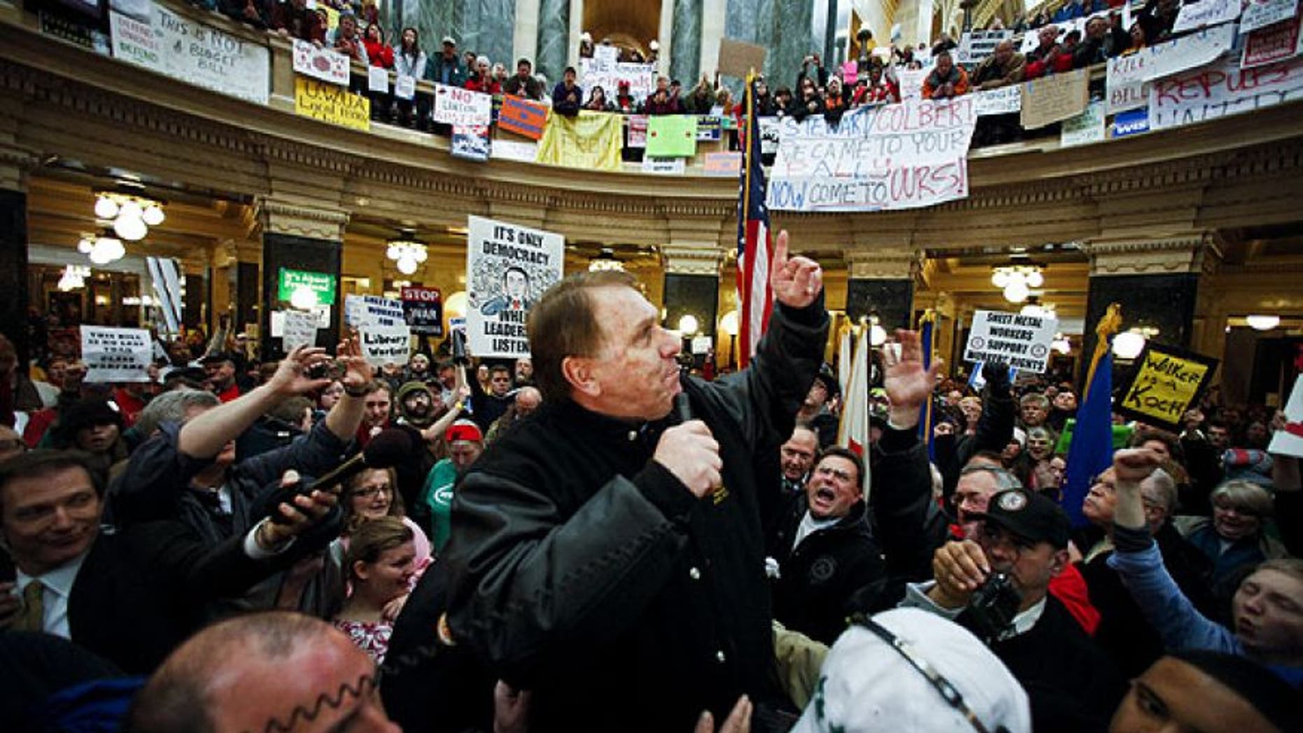 Febraury 23, 2011: Teamsters President James Hoffa speaks at a rally in the state Capitol in Madison, Wis. (AP)