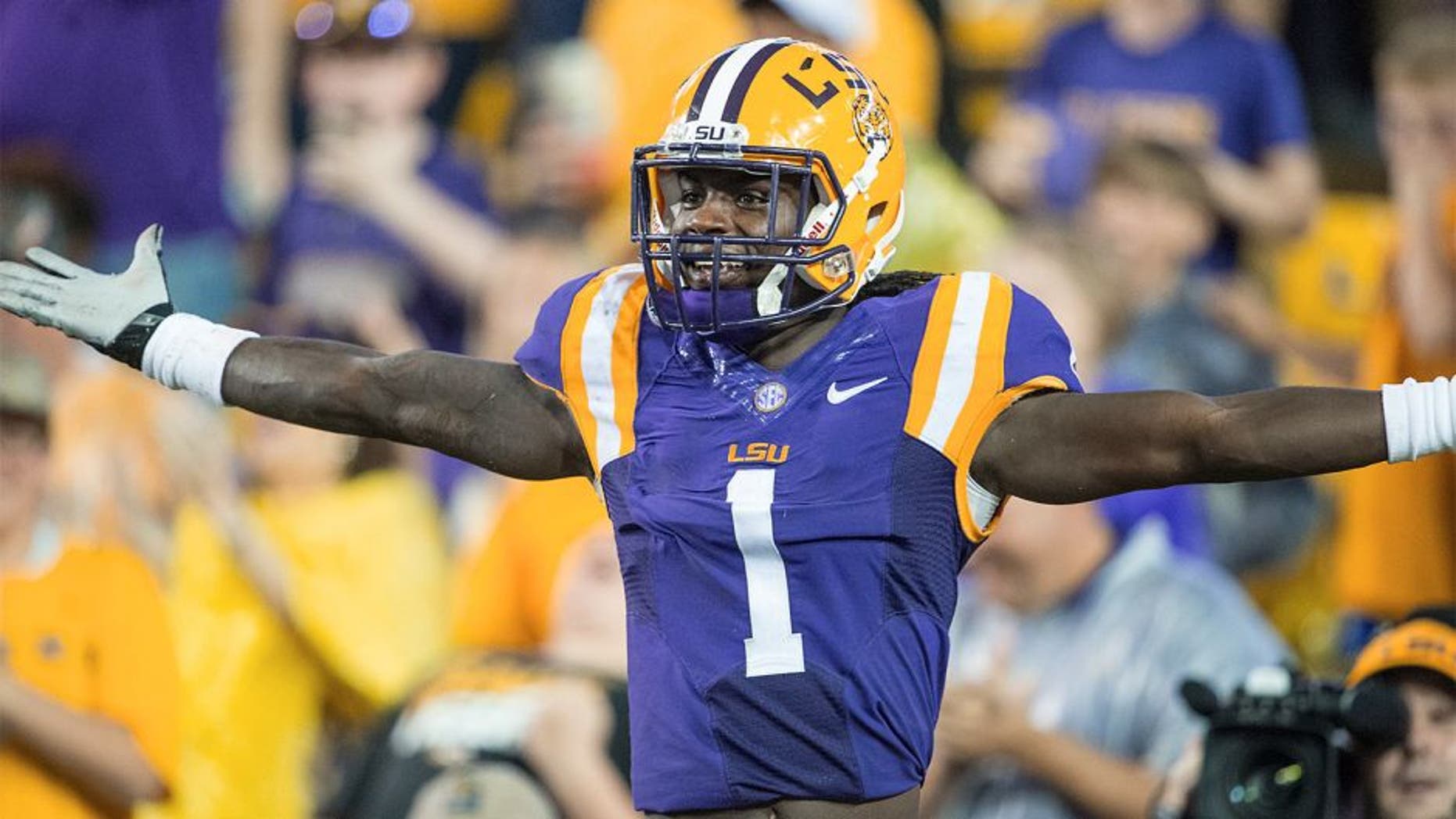 BATON ROUGE, LA - OCTOBER 24: Defensive back Donte Jackson #1 of the LSU Tigers after a big play during their game against the Western Kentucky Hilltoppers on October 24, 2015 at Tiger Stadium in Baton Rouge, Louisiana. (Photo by Michael Chang/Getty Images)