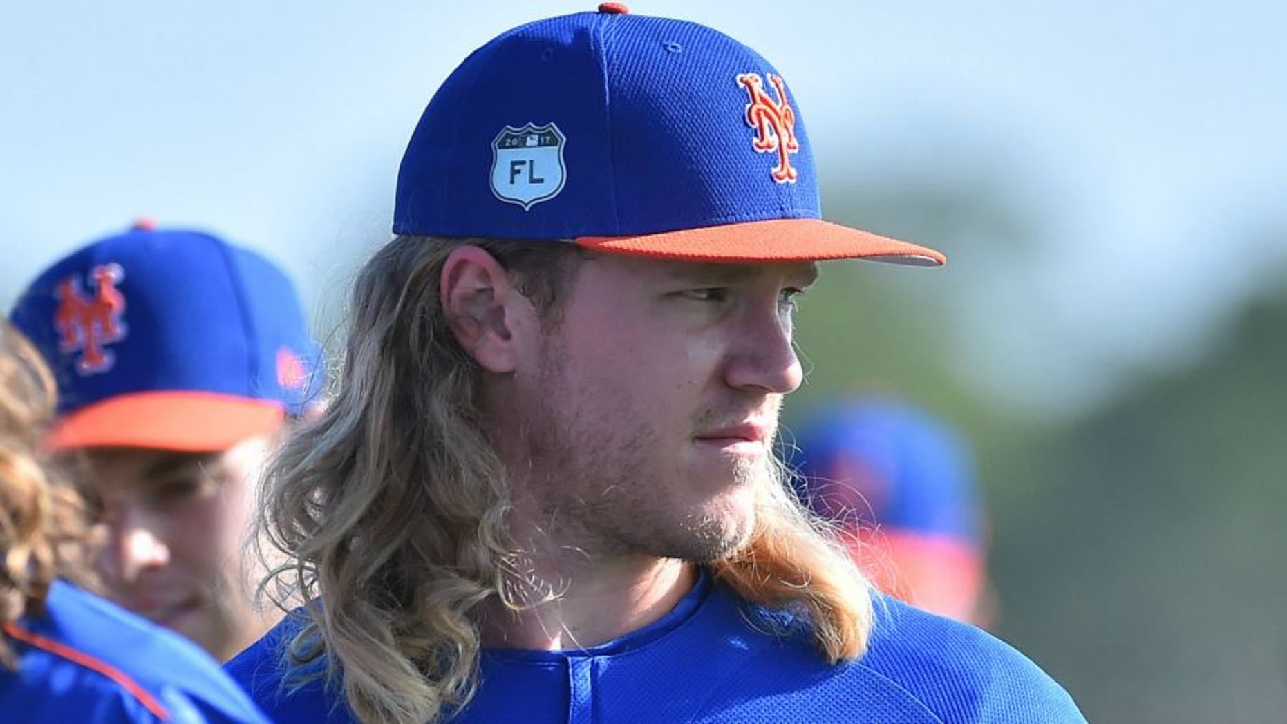 Feb 14, 2017; Port St. Lucie, FL, USA; New York Mets starting pitcher Noah Syndergaard (34) looks on during spring training workouts at Tradition Field. Mandatory Credit: Jasen Vinlove-USA TODAY Sports