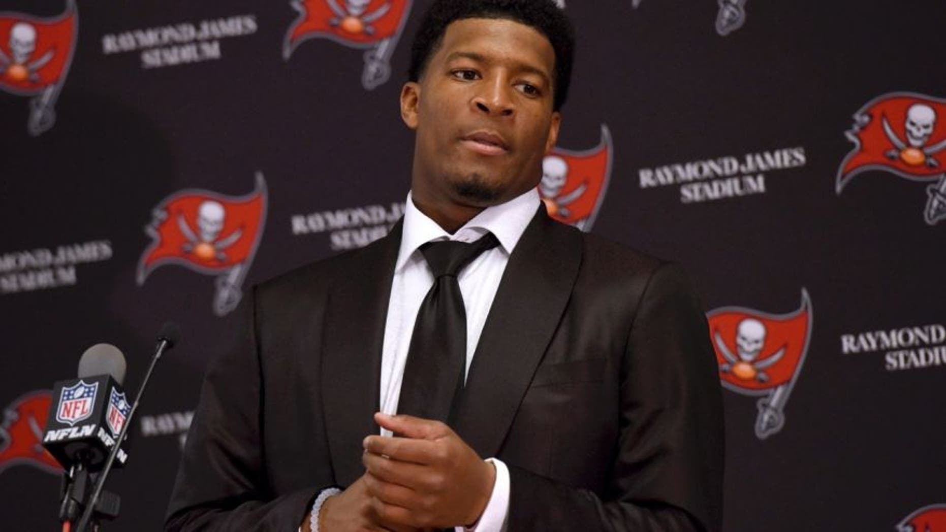 FILE - In this Sunday, Nov. 27, 2016 file photo, Tampa Bay Buccaneers quarterback Jameis Winston (3) speaks to the media following a win over the Seattle Seahawks in an NFL football game, in Tampa, Fla.