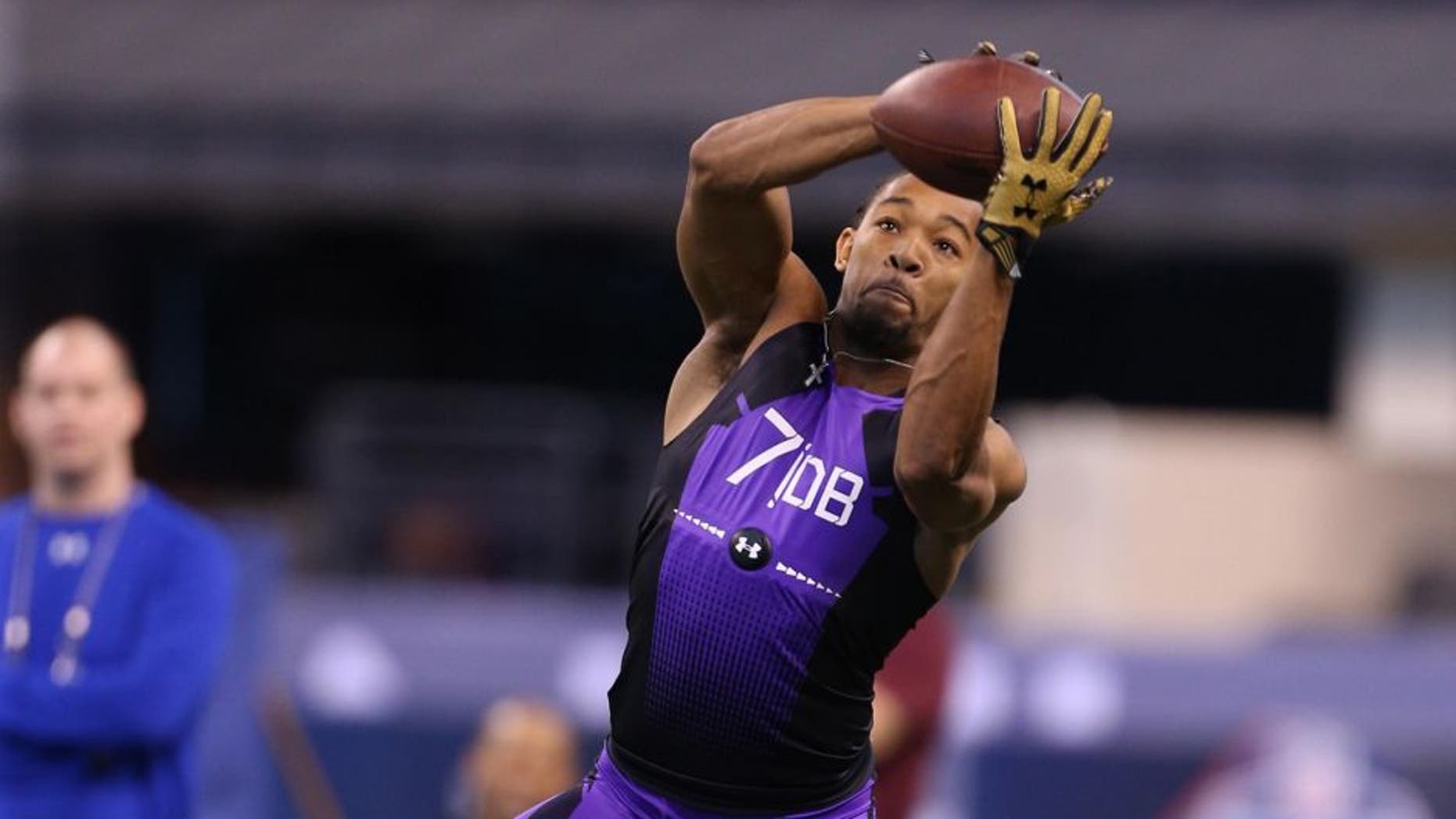 Feb 23, 2015; Indianapolis, IN, USA; LSU Tigers defensive back Jalen Collins catches a pass in a work out drill during the 2015 NFL Combine at Lucas Oil Stadium. Mandatory Credit: Brian Spurlock-USA TODAY Sports