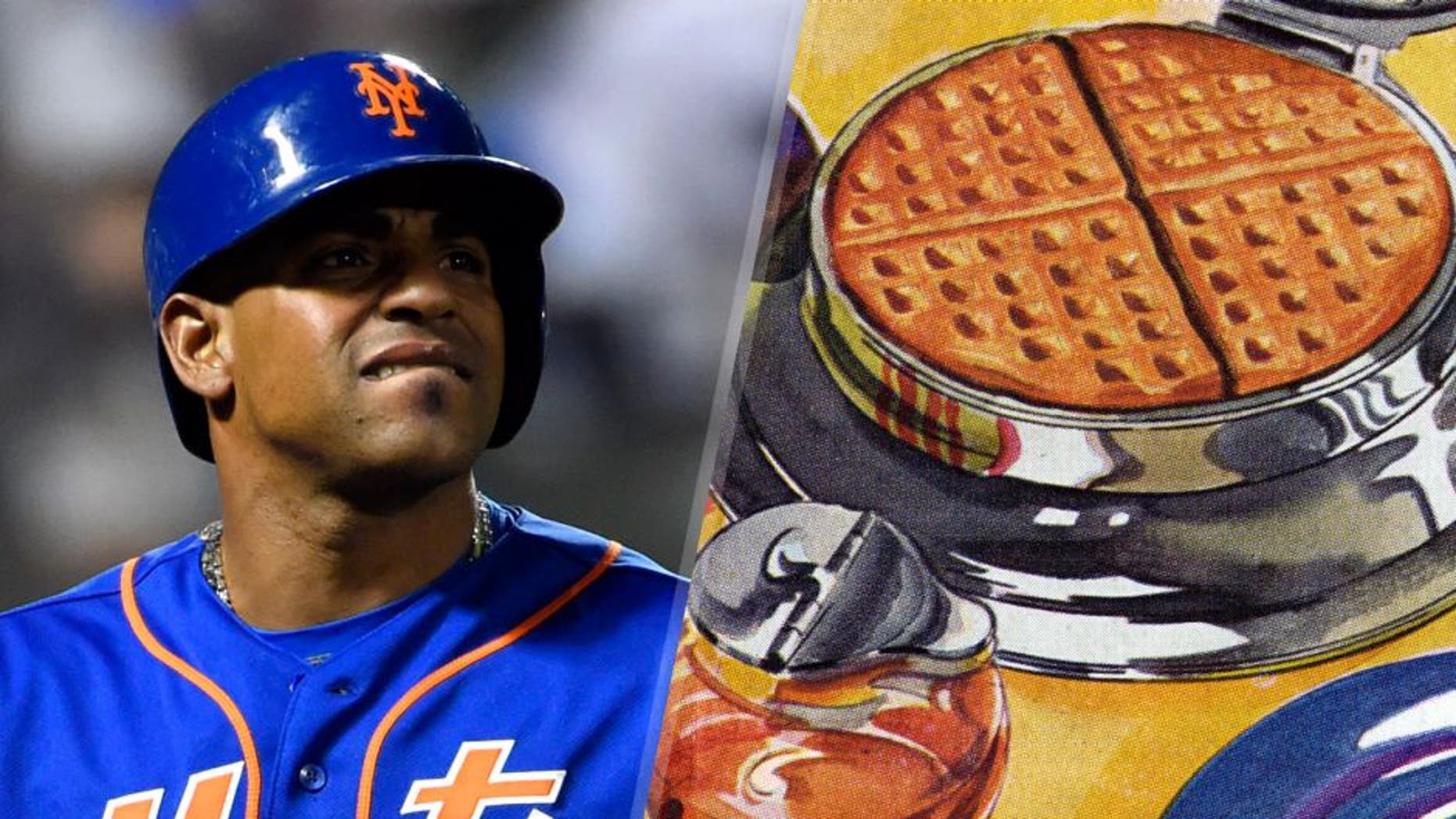 Nov 1, 2015; New York City, NY, USA; New York Mets center fielder Yoenis Cespedes (52) reacts after popping out in the 6th inning against the Kansas City Royals in game five of the World Series at Citi Field. Mandatory Credit: Robert Deutsch-USA TODAY Sports Vintage illustration of a waffle cooking in a waffle iron, with a syrup dispenser; screen print, 1940s. (Photo by GraphicaArtis/Getty Images)