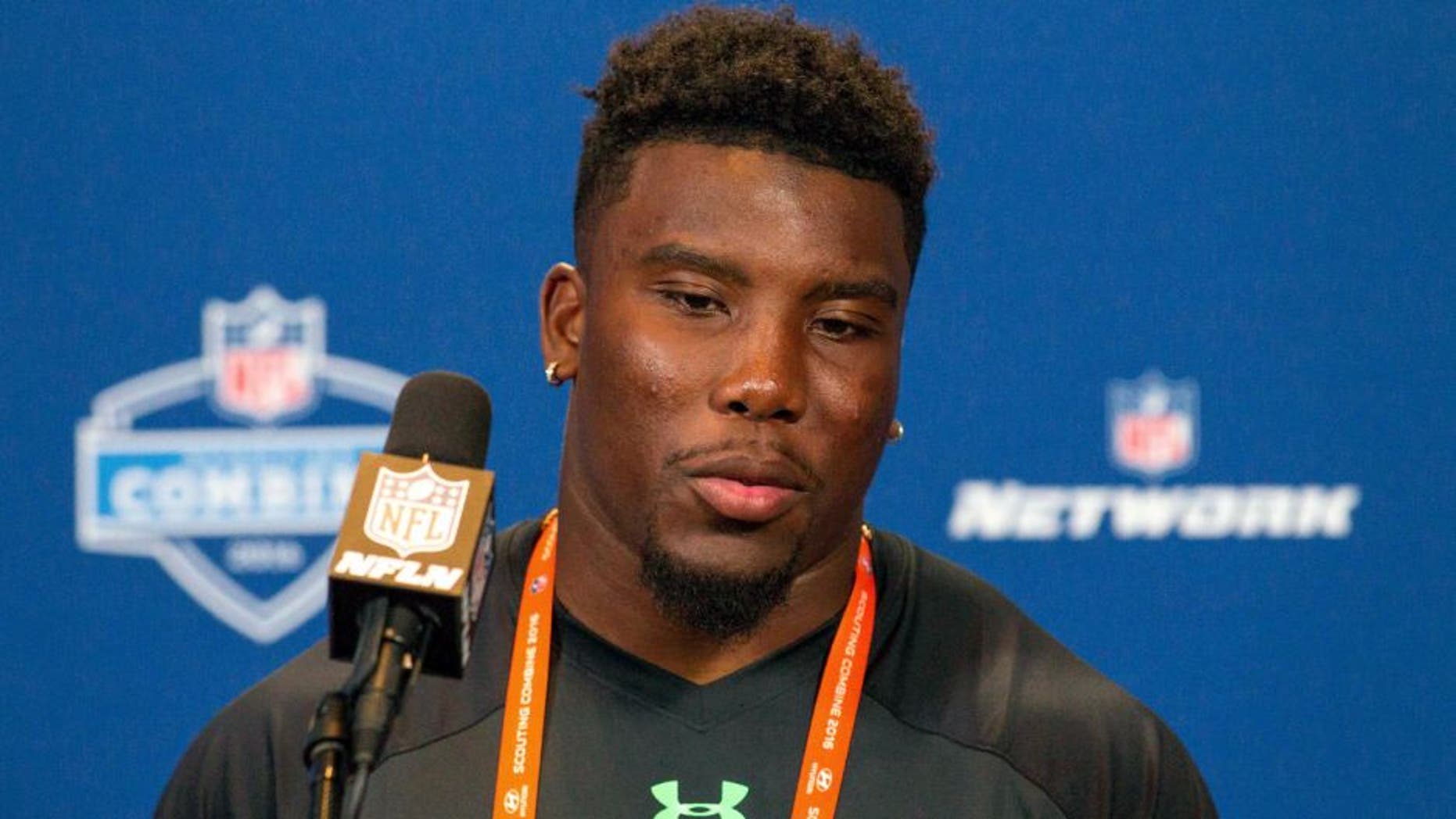 Feb 24, 2016; Indianapolis, IN, USA; Auburn Tigers running back Peyton Barber speaks to the media during the 2016 NFL Scouting Combine at Lucas Oil Stadium. Mandatory Credit: Trevor Ruszkowski-USA TODAY Sports