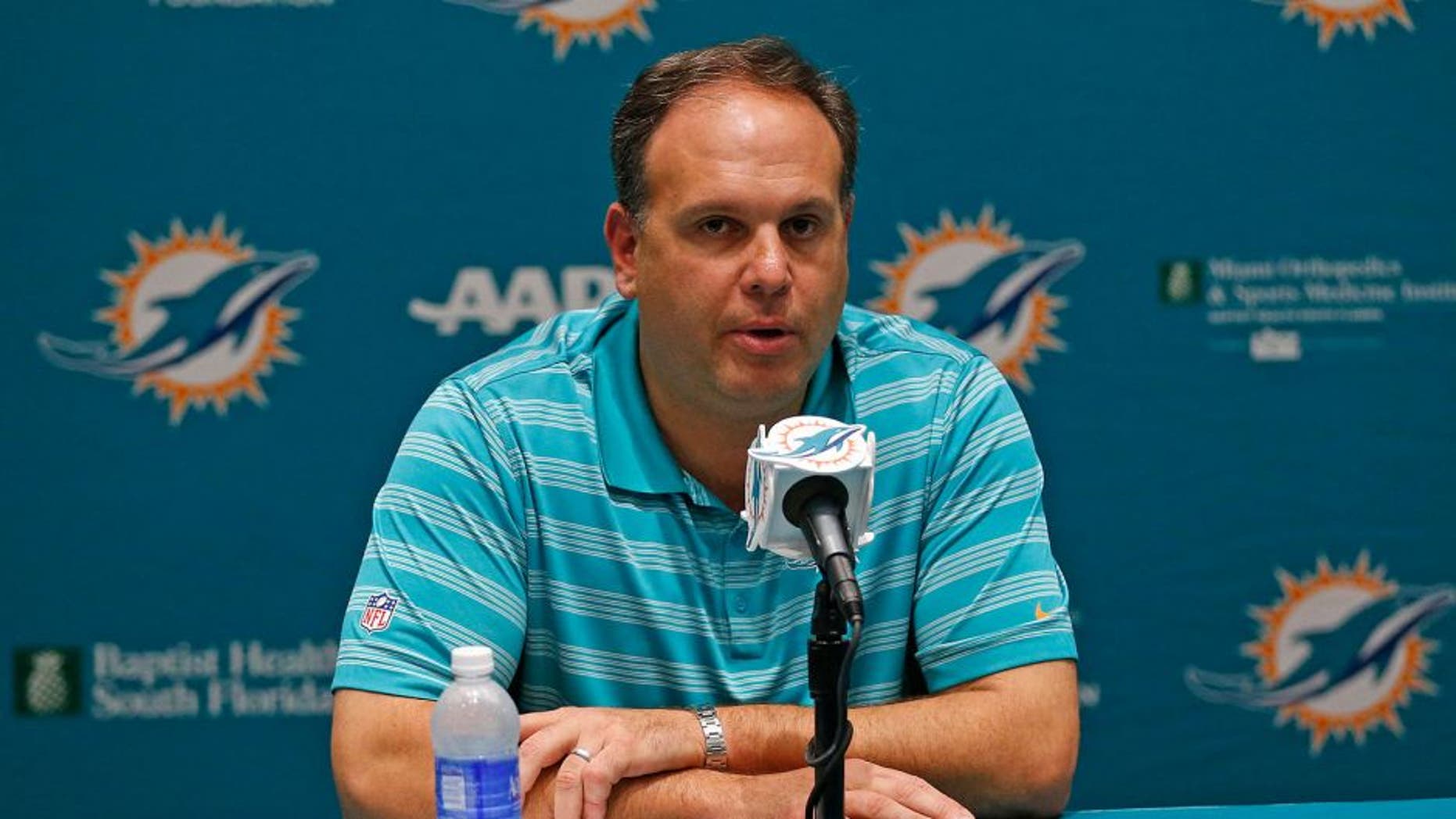 DAVIE, FL - OCTOBER 5: Executive Vice President of Football Operations Mike Tannenbaum talks to the media just prior to introducing Dan Campbell as interim head coach of the Miami Dolphins on October 5, 2015 at the Miami Dolphins training facility in Davie, Florida. Campbell replaces Joe Philbin as head coach after serving five years as the teams tight ends coach. (Photo by Joel Auerbach/Getty Images)