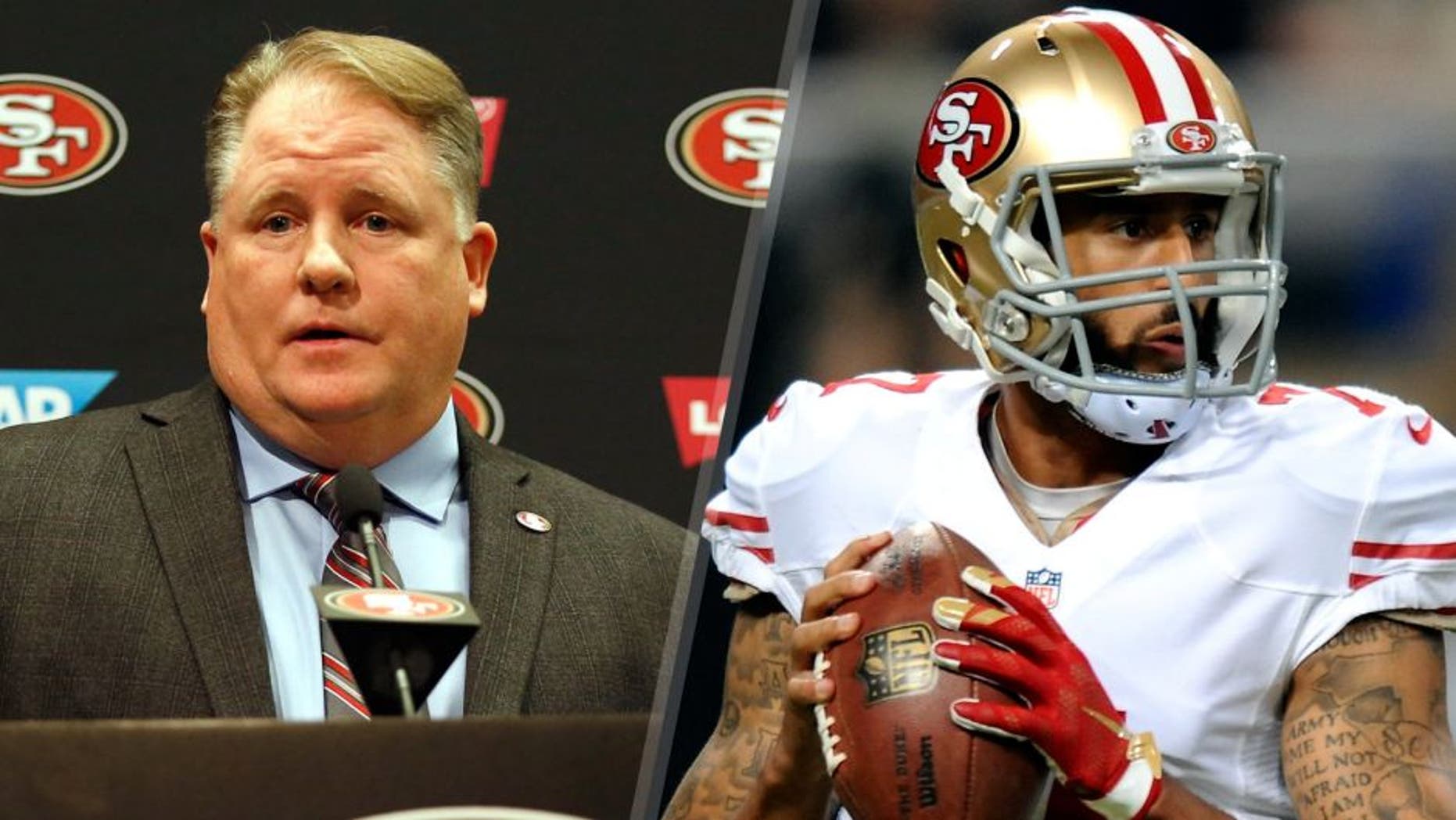 SANTA CLARA, CA - JANUARY 20: Chip Kelly speaks to the media during a press conference where he announced as the new head coach of the San Francisco 49ers at Levi's Stadium on January 20, 2016 in Santa Clara, California. (Photo by Ezra Shaw/Getty Images) ST. LOUIS, MO - NOVEMBER 1: Colin Kaepernick #7 of the San Francisco 49ers looks to pass against the St. Louis Rams in the first quarter at the Edward Jones Dome on November 1, 2015 in St. Louis, Missouri. (Photo by Michael B. Thomas/Getty Images)