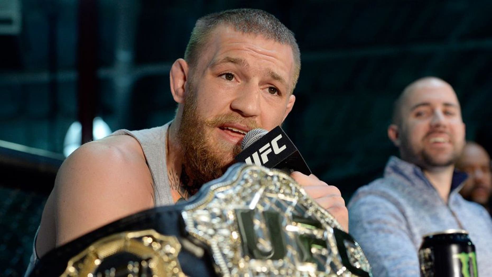 TORRANCE, CA - FEBRUARY 24: UFC featherweight champion Conor McGregor speaks during a news conference with lightweight contender Nate Diaz at UFC Gym February 24, 2016, in Torrance, California. (Photo by Kevork Djansezian/Getty Images)