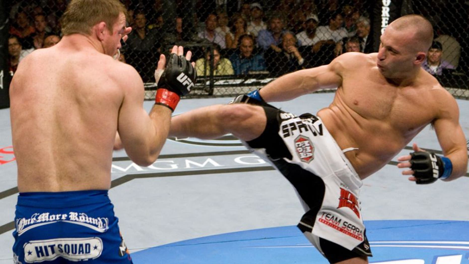 LAS VEGAS - MAY 23: Matt Hughes (blue shorts) def. Matt Serra (white shorts) - Unanimous Decision during UFC 98 at MGM Grand Arena on May 23, 2009 in Las Vegas, Nevada. (Photo by Josh Hedges/Zuffa LLC via Getty Images)