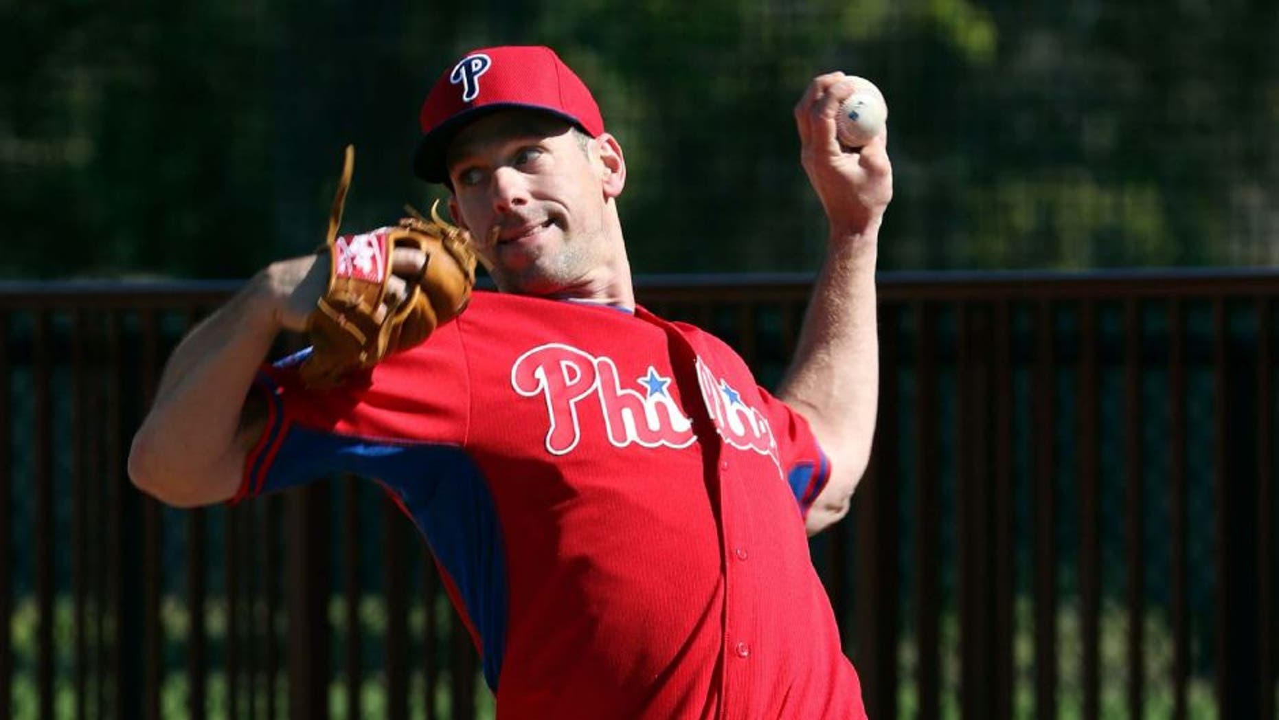Feb 19, 2015; Clearwater, FL, USA; Philadelphia Phillies starting pitcher Cliff Lee (33) during spring training workouts at Bright House Field. Mandatory Credit: Reinhold Matay-USA TODAY Sports