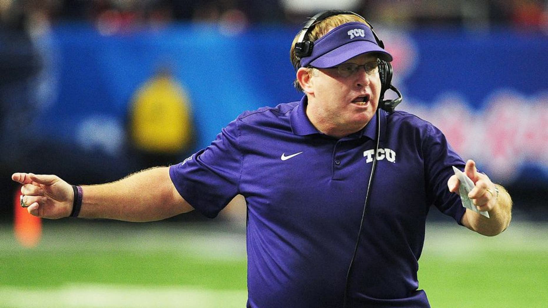 ATLANTA, GA - DECEMBER 31: Head coach Gary Patterson of the TCU Horned Frogs recats in the second quarter against the Ole Miss Rebels during the Chik-fil-A Peach Bowl at Georgia Dome on December 31, 2014 in Atlanta, Georgia. (Photo by Scott Cunningham/Getty Images)