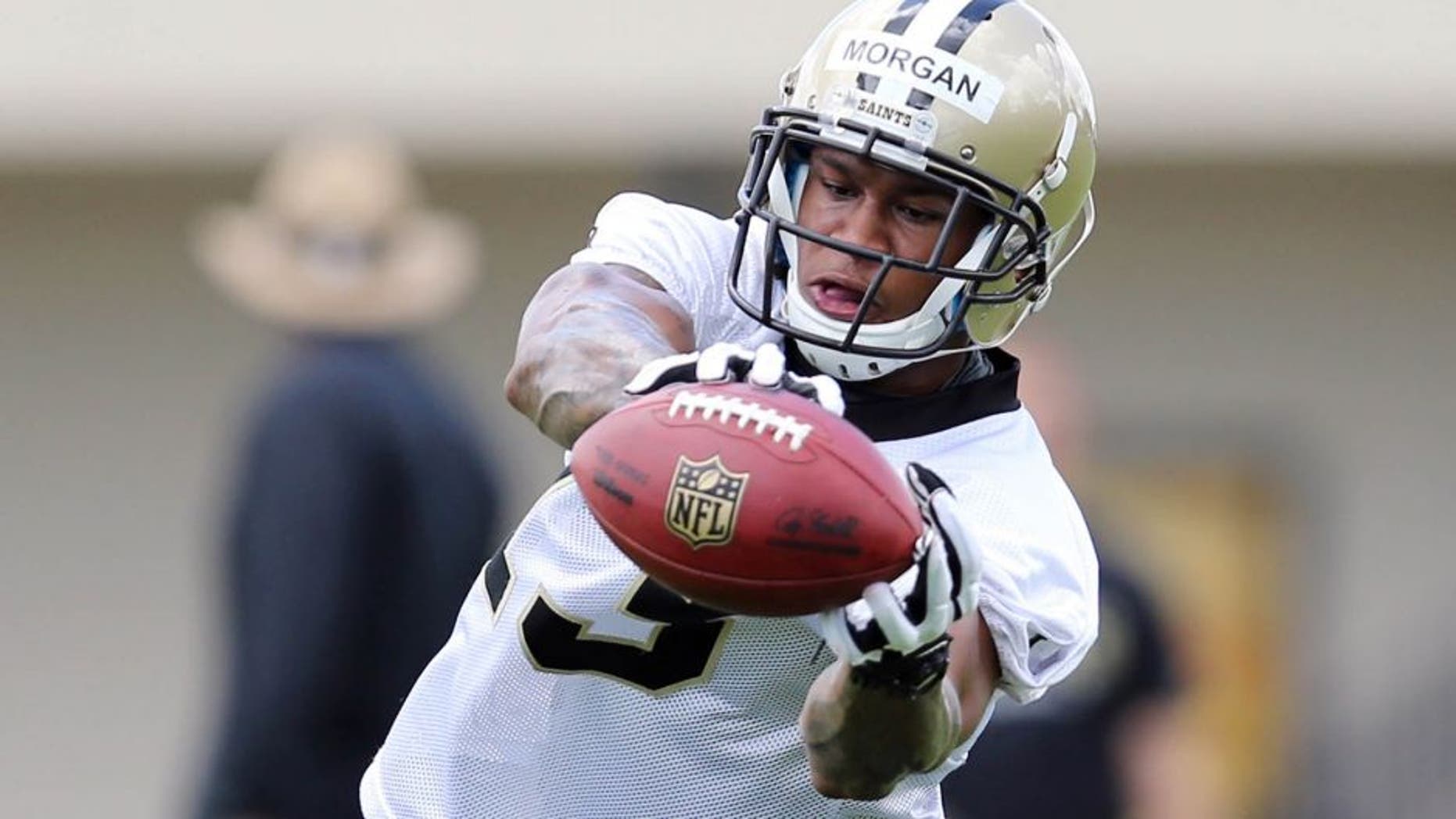 Jun 4, 2013; New Orleans, LA, USA; New Orleans Saints wide receiver Joseph Morgan (13) makes a catch during the team's first minicamp practice at the Saints practice facility. Mandatory Credit: Chuck Cook-USA TODAY Sports