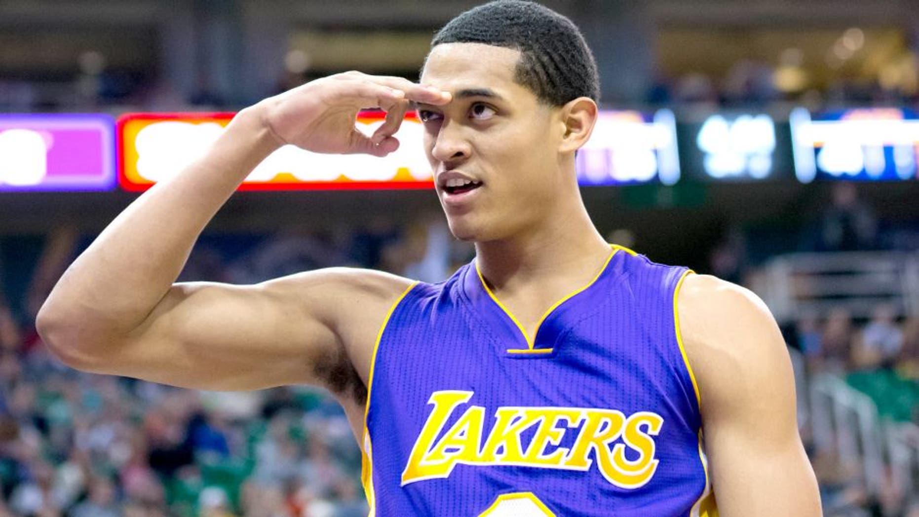 Feb 25, 2015; Salt Lake City, UT, USA; Los Angeles Lakers guard Jordan Clarkson (6) reacts to dunking the ball during the first half against the Utah Jazz at EnergySolutions Arena. Mandatory Credit: Russ Isabella-USA TODAY Sports