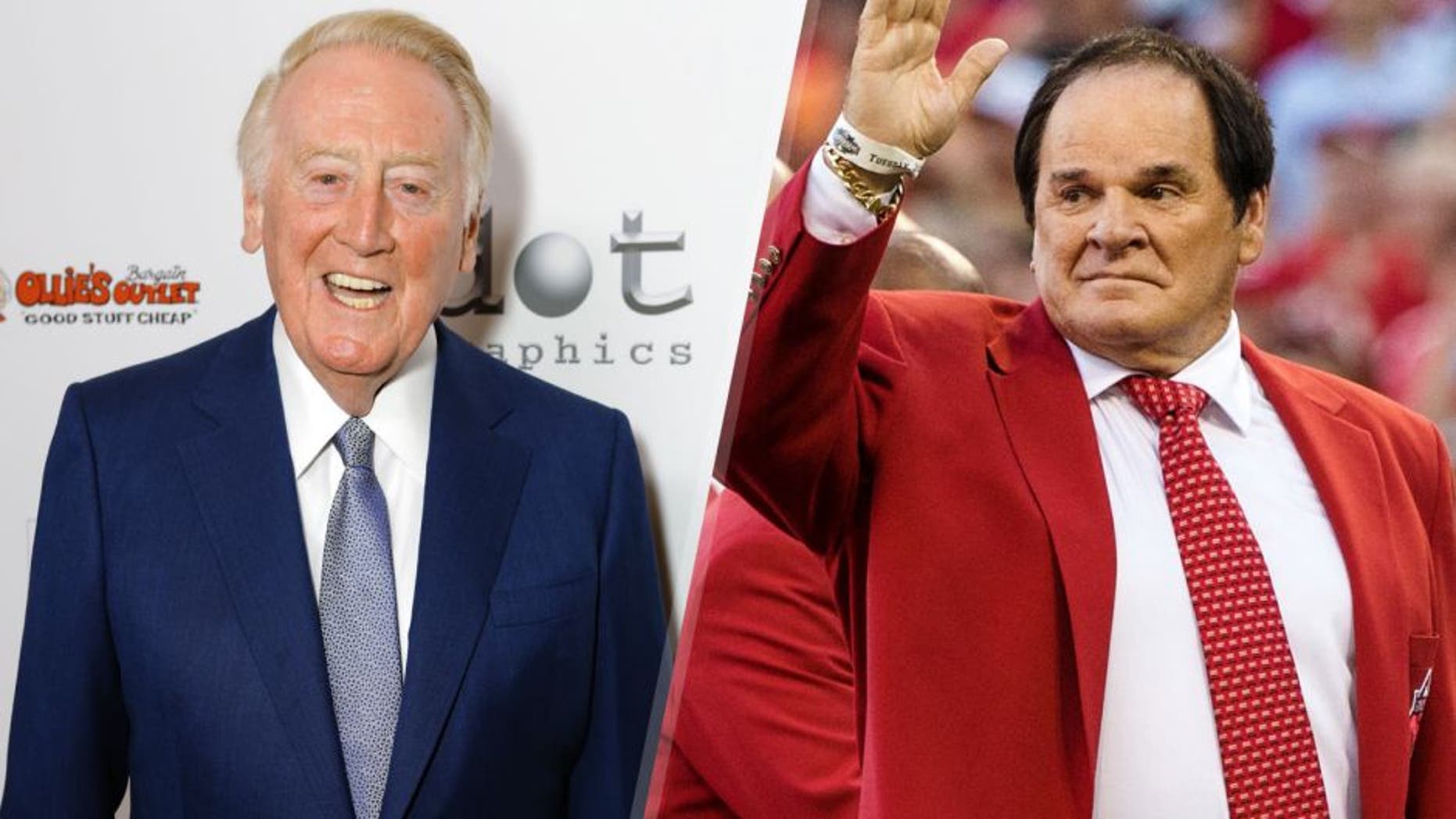 LOS ANGELES, CA - AUGUST 08: Sportscaster Vin Scully attends the 14th Annual Harold & Carole Pump Foundation Event on August 8, 2014 in Los Angeles, California. (Photo by Tiffany Rose/WireImage) CINCINNATI, OH- JULY 14: Former Cincinnati Reds player Pete Rose looks on prior to the 86th MLB All-Star Game at the Great American Ball Park on July 14, 2015 in Cincinnati, Ohio. The American League defeated the National League 6-3. (Photo by Brace Hemmelgarn/Minnesota Twins/Getty Images)
