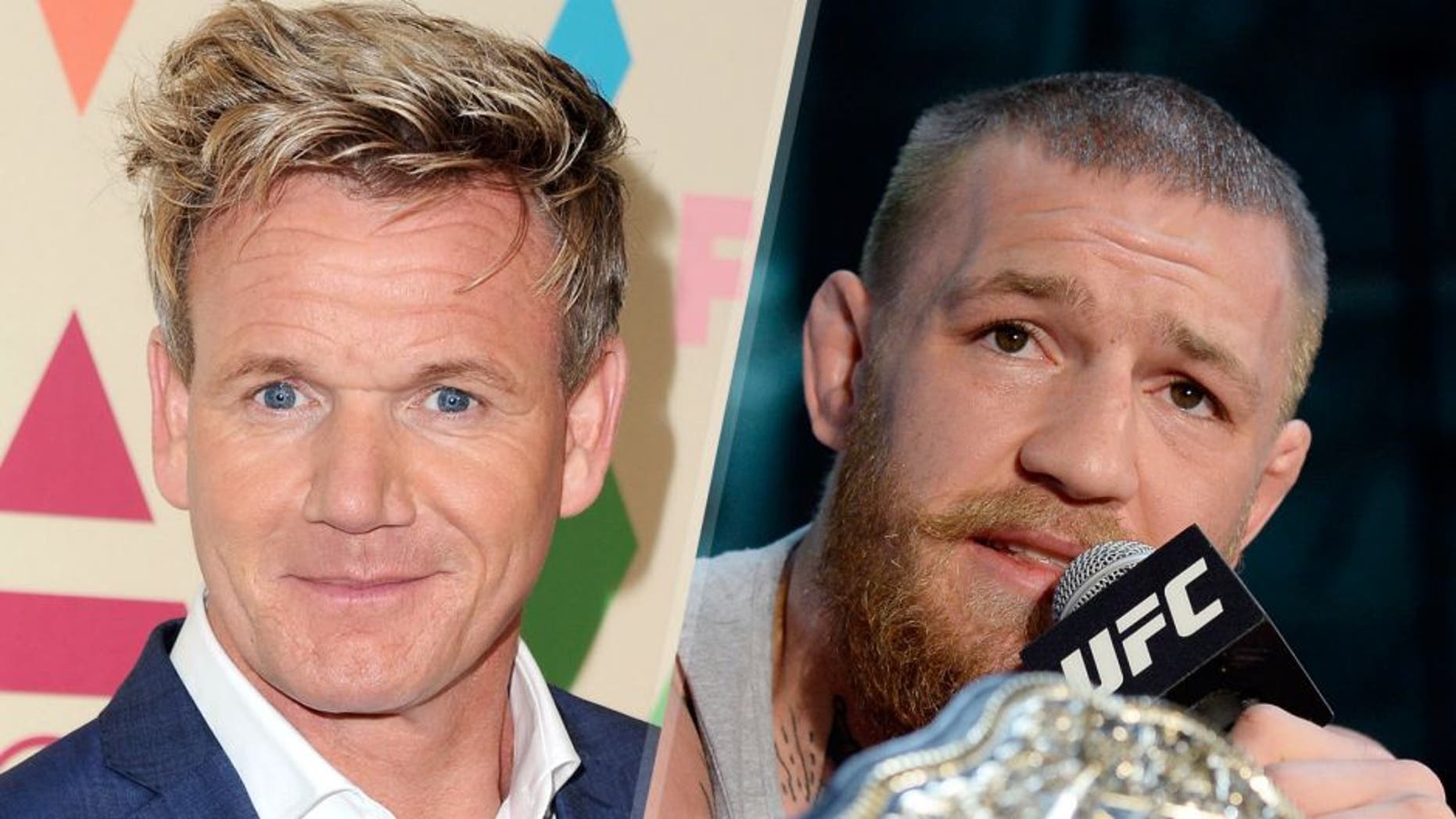 WEST HOLLYWOOD, CA - AUGUST 06: Gordon Ramsay arrives at the 2015 Summer TCA Tour FOX All-Star Party at Soho House on August 6, 2015 in West Hollywood, California. (Photo by Jon Kopaloff/FilmMagic) TORRANCE, CA - FEBRUARY 24: UFC featherweight champion Conor McGregor speaks during a news conference with lightweight contender Nate Diaz at UFC Gym February 24, 2016, in Torrance, California. (Photo by Kevork Djansezian/Getty Images)
