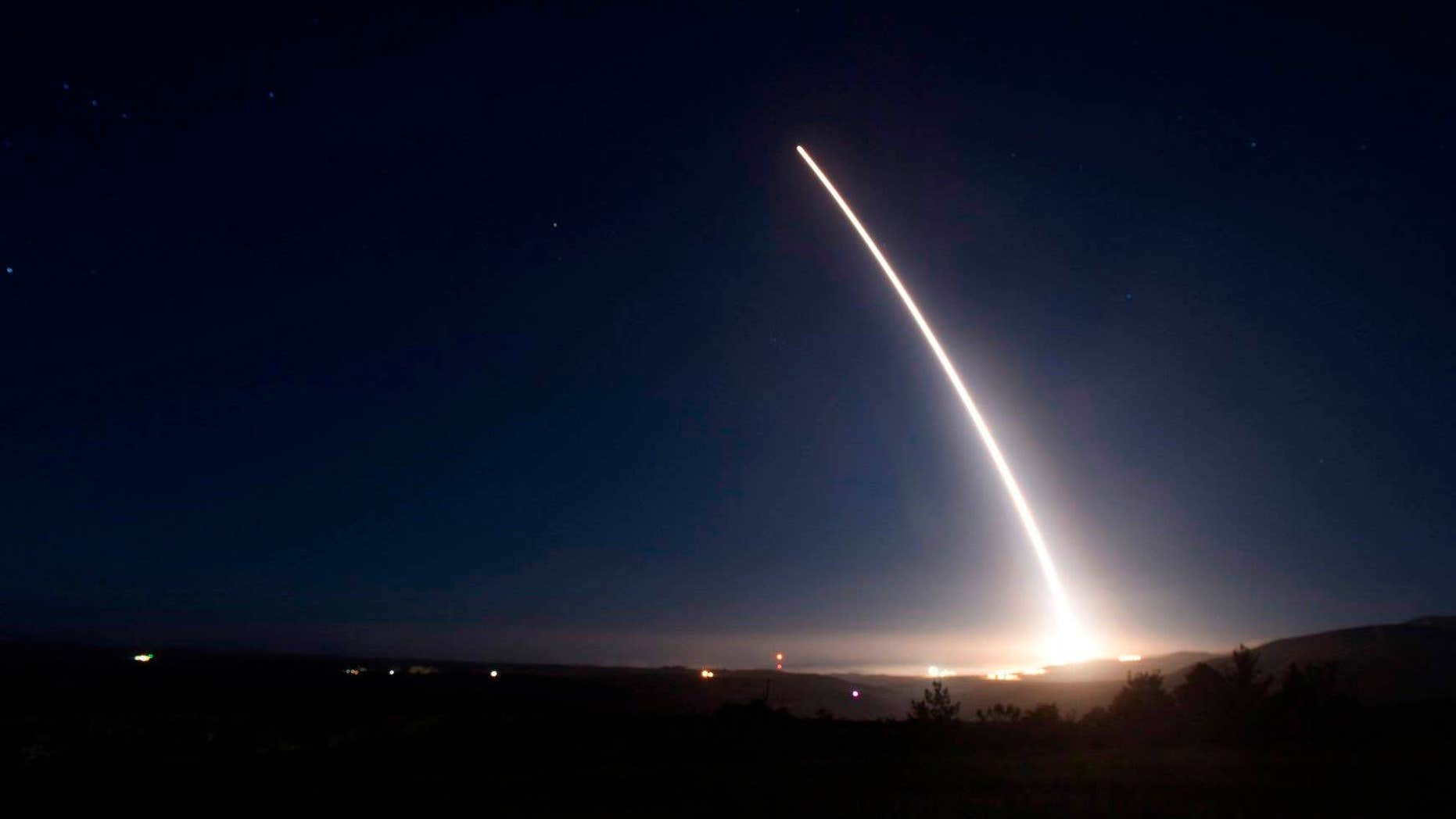 FILE - In this Saturday, Feb. 20, 2016 file photo provided by U.S. Air Force, an unarmed Minuteman III intercontinental ballistic missile launches during an operational test at Vandenberg Air Force Base, Calif.