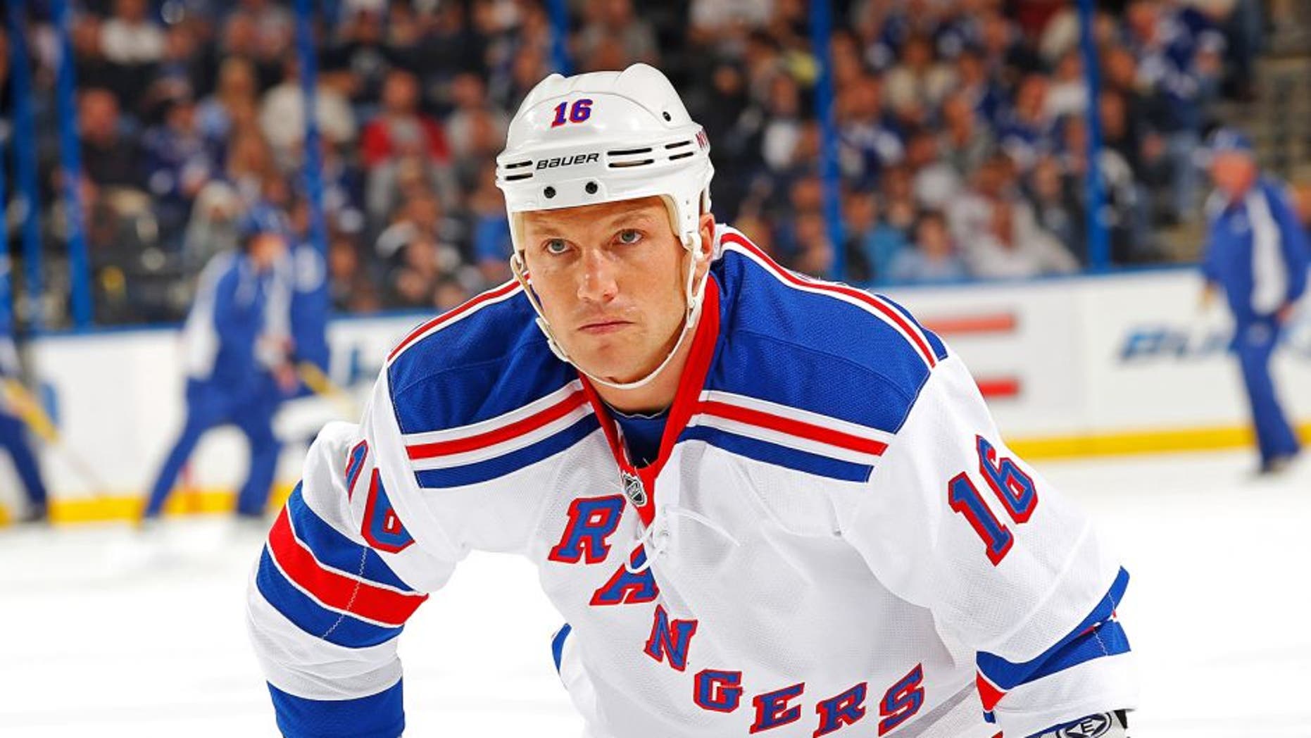 TAMPA, FL - DECEMBER 3: Sean Avery #16 of the New York Rangers rest during a break in the action against the Tampa Bay Lightning at the St. Pete Times Forum on December 3, 2011 in Tampa, Florida. (Photo by Scott Audette/NHLI via Getty Images)