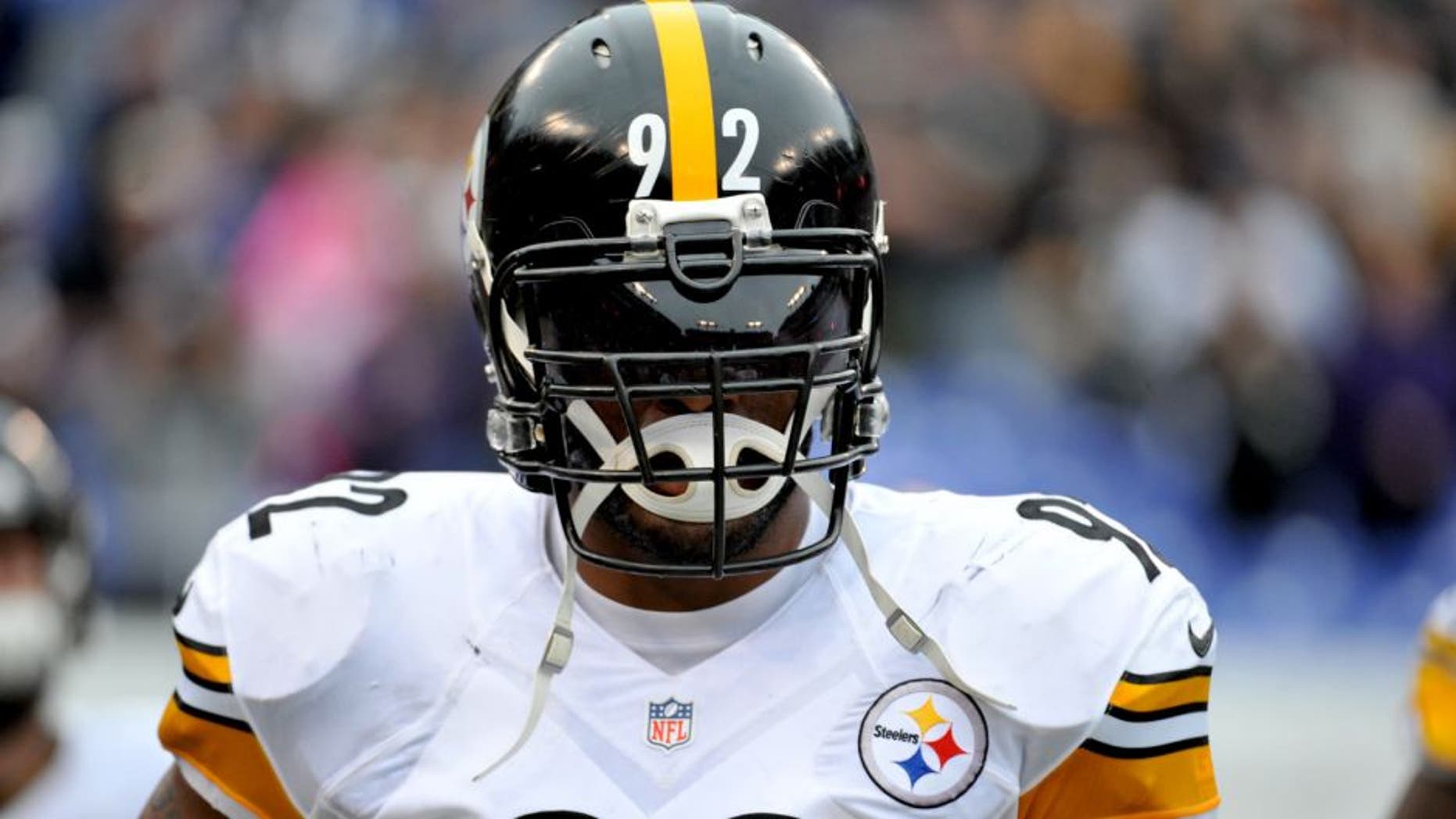 BALTIMORE, MD - DECEMBER 27, 2015: Linebacker James Harrison #92 of the Pittsburgh Steelers runs onto the field prior to a game against the Baltimore Ravens on December 27, 2015 at M&T Bank Stadium in Baltimore, Maryland. Baltimore won 20-17. (Photo by: Nick Cammett/Diamond Images/Getty Images)