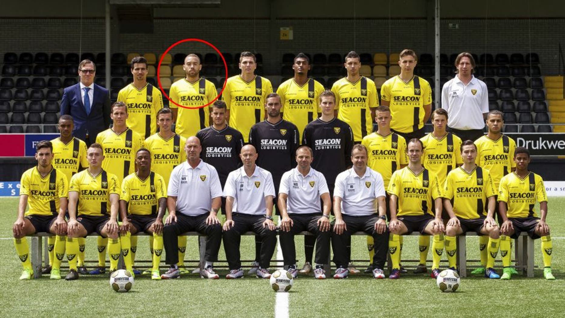 (Top Row L-R) team manager Ger van Rosmalen, Gianluca Nijholt, Johnatan Opoku, Danny Post, Jerold Promes, Robin Buwalda, Vensan Klicic, fysiotherapeut Falk Louwers (Middle row L-R) Shaquille Simmons, Quin Kruijsen, Moreno Rutten, Delano van Crooij, Jordy Deckers, Eric Verstappen, Vito van Crooij, Dyon Gijzen, Lugman Bezzat (Front row L-R) Evren Korkmaz, Dylan Donkers, Leandro Resida, goalkeeper trainer Wim Jacobs, assistant trainer Ben van Dael, coach Maurice Steijn, assistant trainer Jay Driessen, Niels Fleuren, Selman Sevinc, Omar Ramadhani during the team presentation of VVV-Venlo on July 09, 2015 at the Seacon stadium De Koel in Venlo, The Netherlands.(Photo by VI Images via Getty Images)