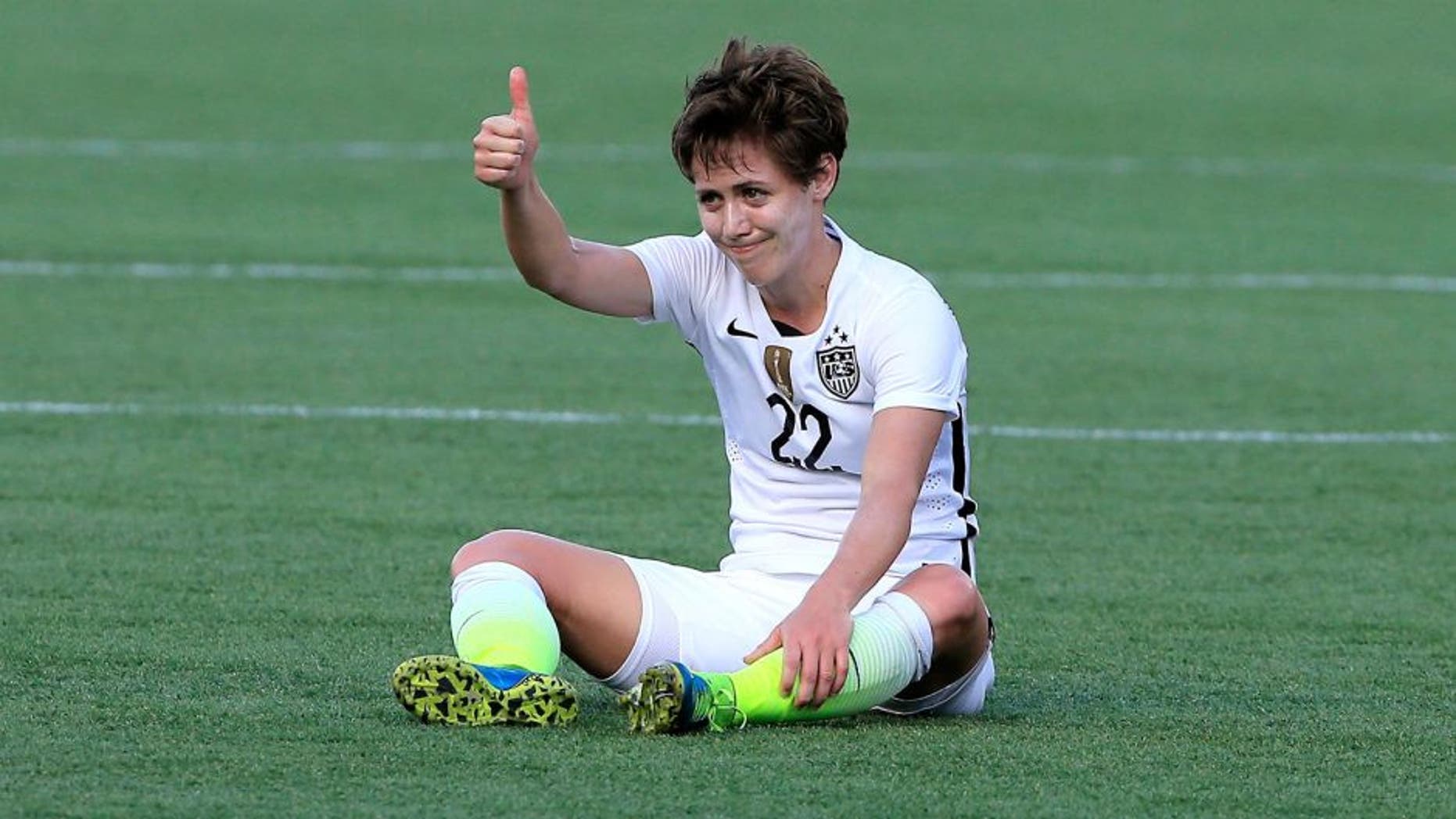 ORLANDO, FL - OCTOBER 25: Meghan Klingenberg #22 of the United States gives the 'thumbs up' sign during a Women's International Friendly soccer match between Brazil and the United States at Orlando Citrus Bowl on October 25, 2015 in Orlando, Florida. (Photo by Sam Greenwood/Getty Images)