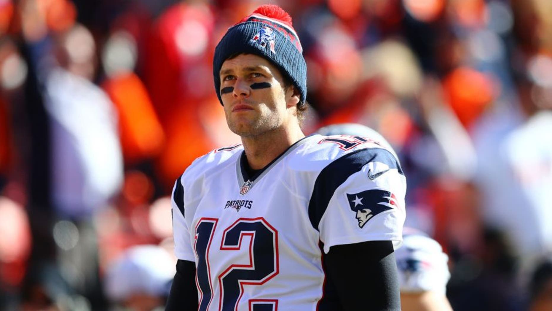 Jan 24, 2016; Denver, CO, USA; New England Patriots quarterback Tom Brady (12) against the Denver Broncos in the AFC Championship football game at Sports Authority Field at Mile High. Mandatory Credit: Mark J. Rebilas-USA TODAY Sports