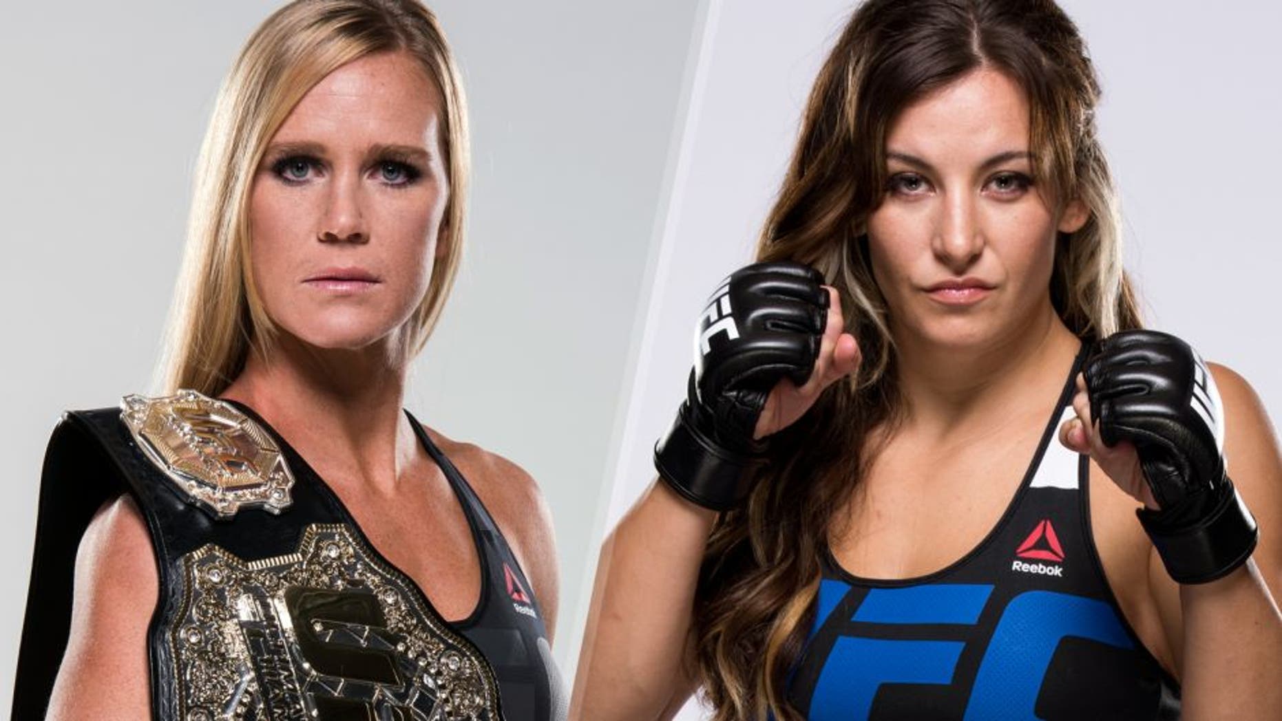 LAS VEGAS, NEVADA - JANUARY 02: UFC women's bantamweight champion Holly Holm poses for a portrait during a UFC photo session on January 2, 2016 in Las Vegas, Nevada. (Photo by Jeff Bottari/Zuffa LLC/Zuffa LLC via Getty Images) CHICAGO, IL - JULY 22: UFC women's bantamweight Miesha Tate poses for a portrait during a UFC photo session at the Hard Rock Hotel on July 22, 2015 in Chicago, Illinois. (Photo by Jeff Bottari/Zuffa LLC/Zuffa LLC via Getty Images)