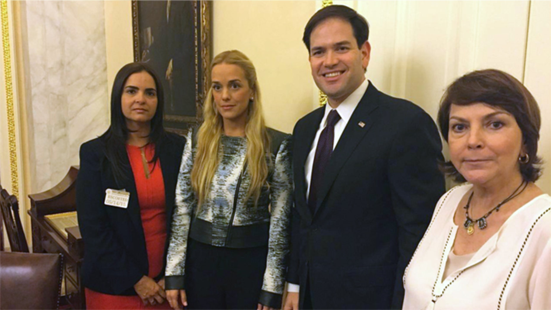 From left: Tamara Suju, international director of the Venezuelan human rights organization, Foro Penal; Lilian Tintori, wife of imprisoned opposition leader Leopoldo López; Sen. Marco Rubio; and Mitzy Capriles, wife of imprisoned Caracas mayor Antonio Ledezma. (Photo: rubio.senate.gov)