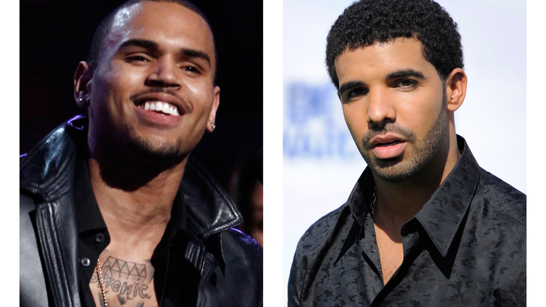 This combination of 2012 and 2011 file photos shows hip hop stars Chris Brown, left, and Drake.