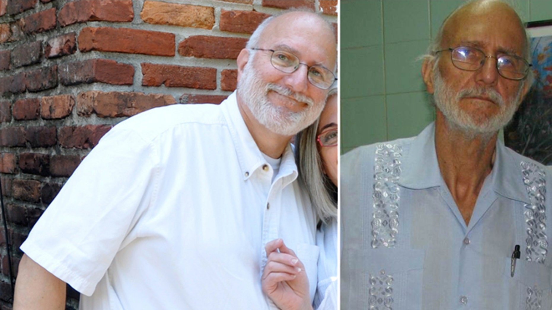 FILE - This two-picture combo handout file photos provided in June 2012 by Peter Kahn, the attorney of imprisoned American Alan Gross, shows Gross in 2009, left, and in 2012, right.