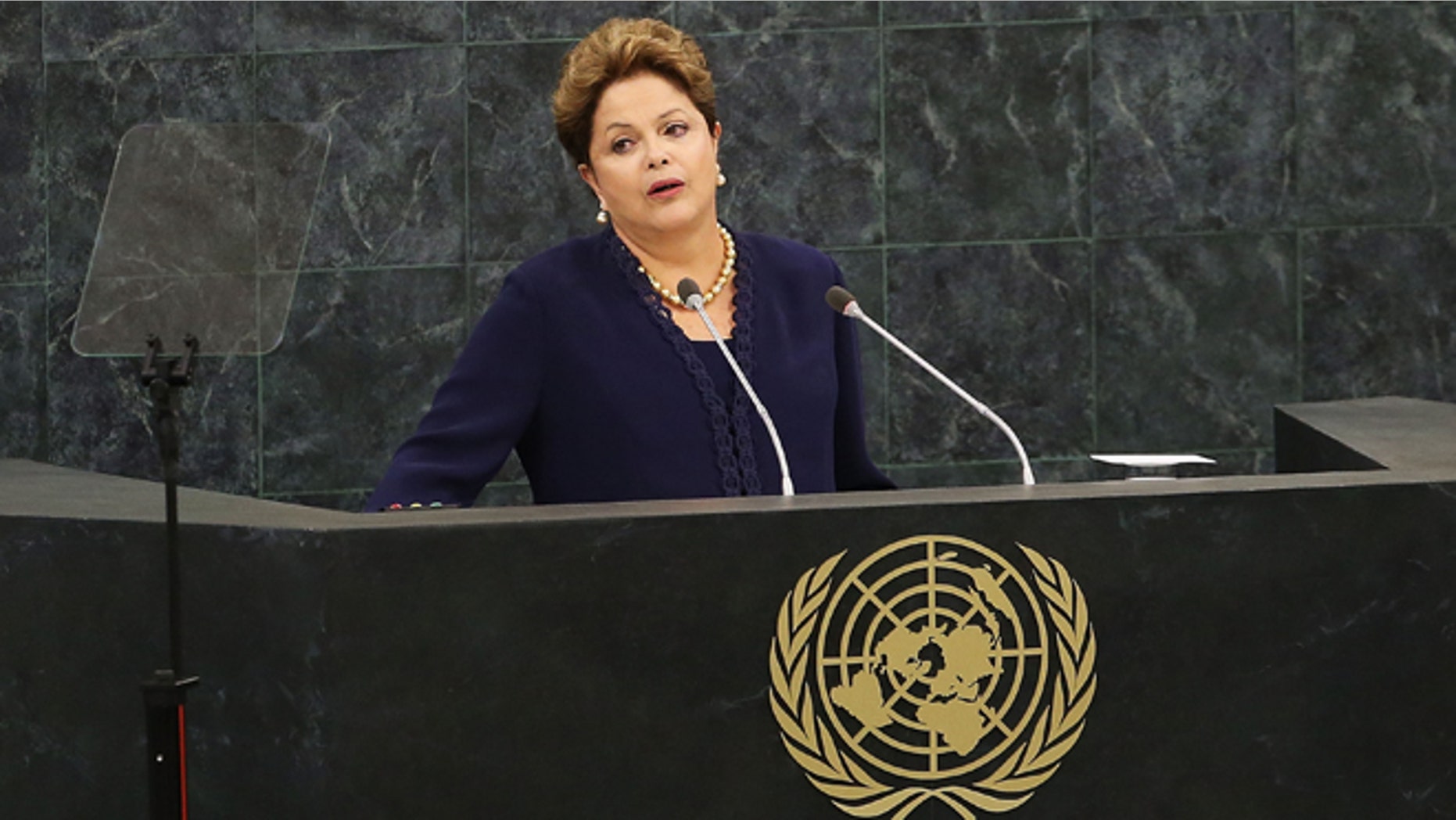 NEW YORK, NY - SEPTEMBER 24: The Brazilian president Dilma Rousseff speaks at the United Nations (U.N.) General Assembly on September 24, 2013 in New York City. This year's U.N. diplomacy session, the 68th General Assembly, is likely to be dominated by Syria's civil war and Iran's suspected nuclear ambitions. (Photo by Spencer Platt/Getty Images)