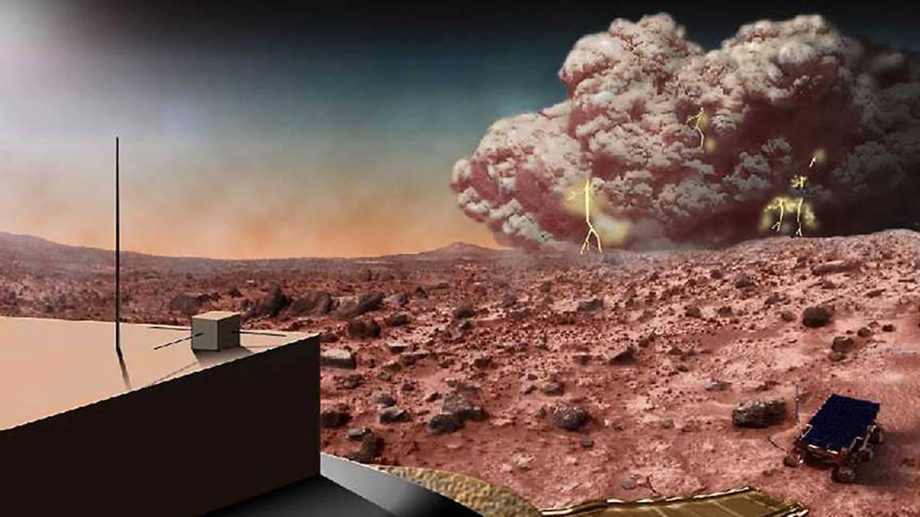 This artist's concept illustrates a Martian dust storm, which might also crackle with electricity.