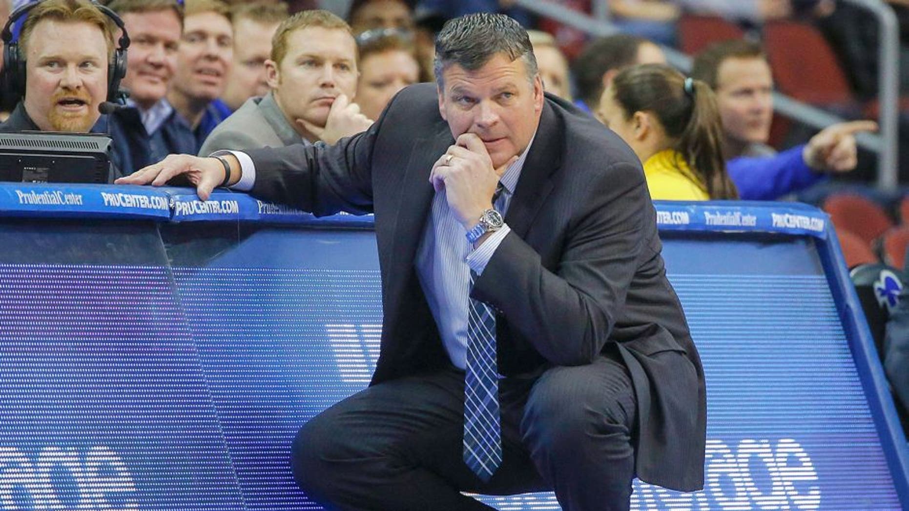 Feb 28, 2015; Newark, NJ, USA; Creighton Bluejays head coach Greg McDermott during the first half of game against the Seton Hall Pirates at the Prudential Center. Mandatory Credit: Jim O'Connor-USA TODAY Sports