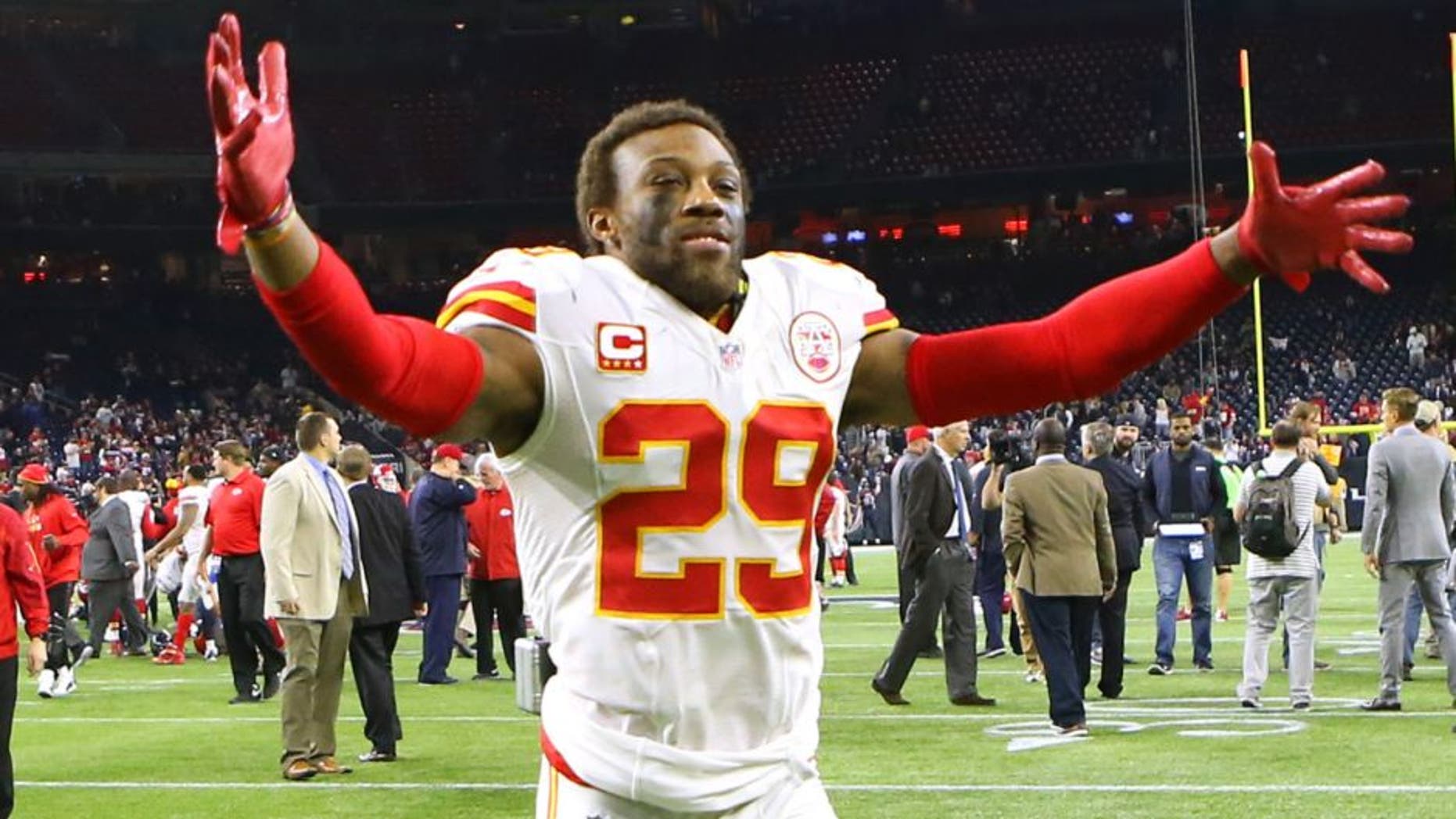 Jan 9, 2016; Houston, TX, USA; Kansas City Chiefs free safety Eric Berry (29) celebrates after defeating the Houston Texans in a AFC Wild Card playoff football game at NRG Stadium. Kansas City won 30-0. Mandatory Credit: Troy Taormina-USA TODAY Sports