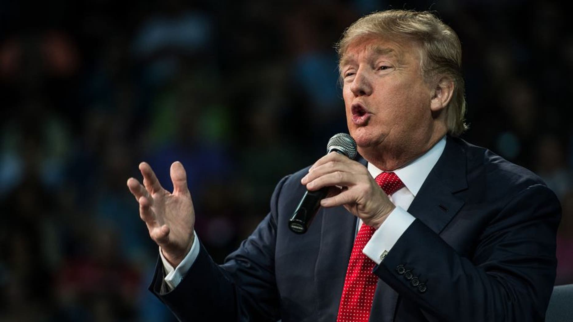 AIKEN, SC - DECEMBER 12, 2015: Republican presidential candidate Donald Trump speaks to the crowd at town hall meeting Saturday, December 12, 2015 in Aiken, South Carolina. The South Carolina Republican primary is scheduled for February 20, 2016. (Photo by Sean Rayford/Getty Images)