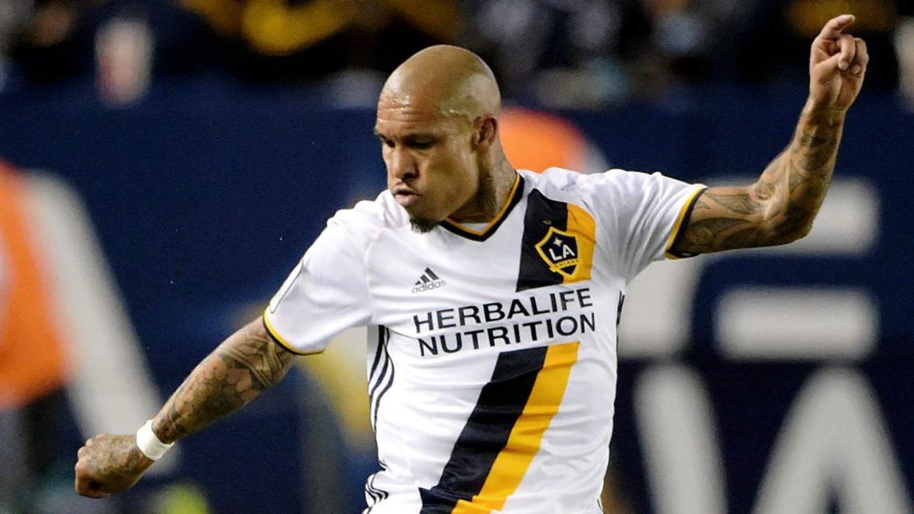 Feb 24, 2016; Carson, CA, USA; Los Angeles Galaxy midfielder Nigel de Jong (34) during a CONCACAF Champions League match against Santos Laguna at StubHub Center. The teams played to a 0-0 tie. Mandatory Credit: Kirby Lee-USA TODAY Sports