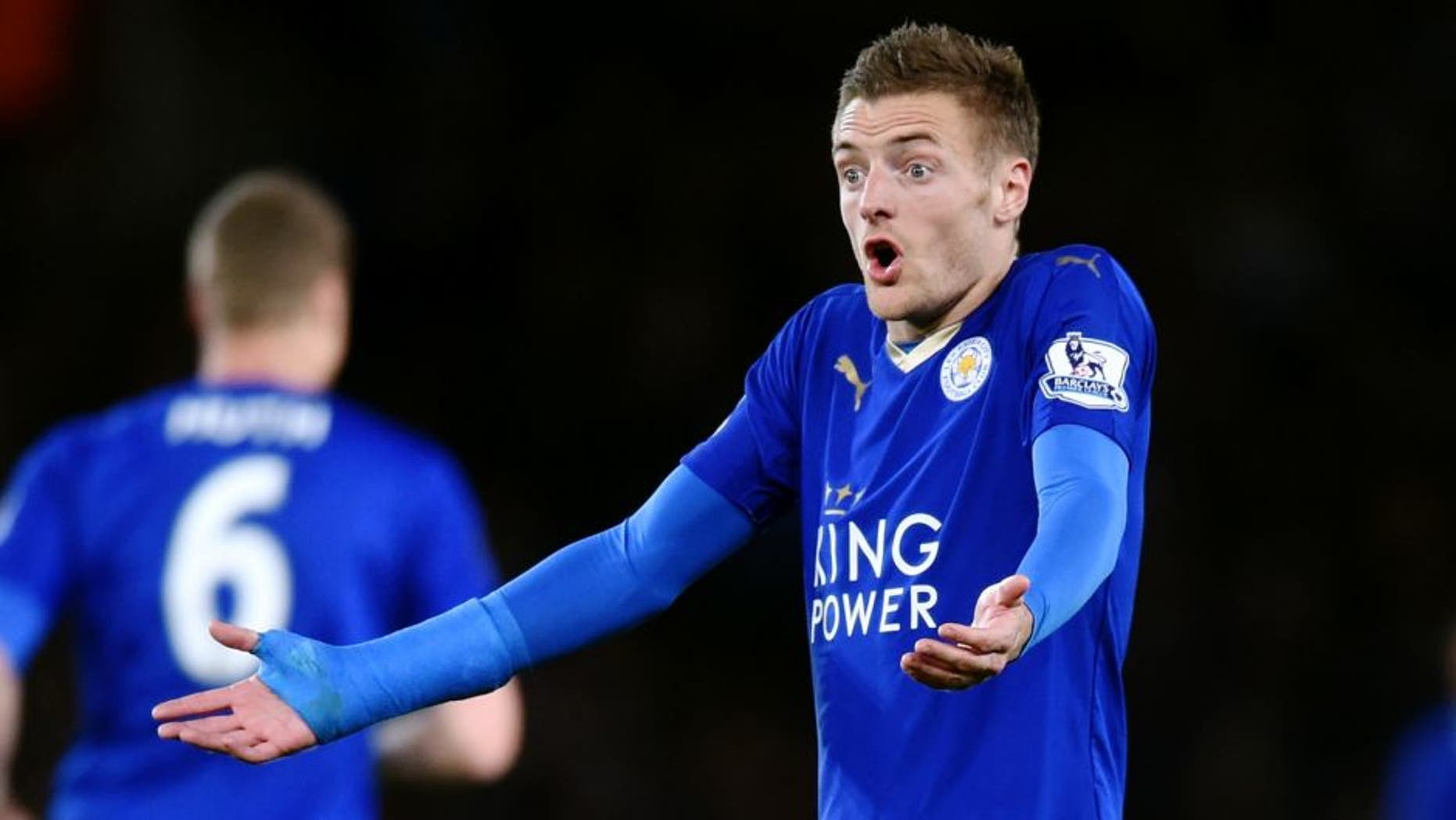 LEICESTER, ENGLAND - MARCH 01: Jamie Vardy of Leicester City reacts during the Barclays Premier League match between Leicester City and West Bromwich Albion at The King Power Stadium on March 1, 2016 in Leicester, England. (Photo by Michael Regan/Getty Images)