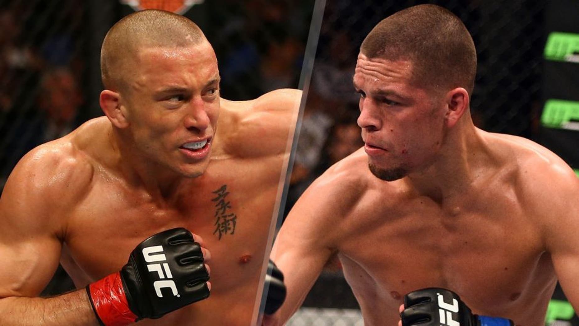 MONTREAL, QC - MARCH 16: (L-R) Georges St-Pierre punches Nick Diaz in their welterweight championship bout during the UFC 158 event at Bell Centre on March 16, 2013 in Montreal, Quebec, Canada. (Photo by Jonathan Ferrey/Zuffa LLC/Zuffa LLC via Getty Images) PHOENIX, AZ - DECEMBER 13: (L-R) Rafael dos Anjos of Brazil kicks Nate Diaz in their lightweight fight during the UFC Fight Night event at the U.S. Airways Center on December 13, 2014 in Phoenix, Arizona. (Photo by Josh Hedges/Zuffa LLC/Zuffa LLC via Getty Images)