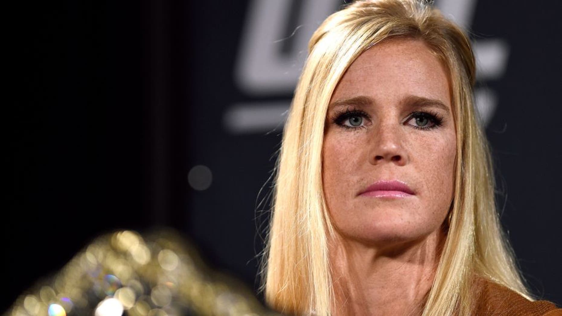 LAS VEGAS, NV - JANUARY 20: UFC women's bantamweight champion Holly Holm interacts with the media during the UFC 197 on-sale press conference event inside MGM Grand Hotel & Casino on January 20, 2016 in Las Vegas, Nevada. (Photo by Jeff Bottari/Zuffa LLC/Zuffa LLC via Getty Images)