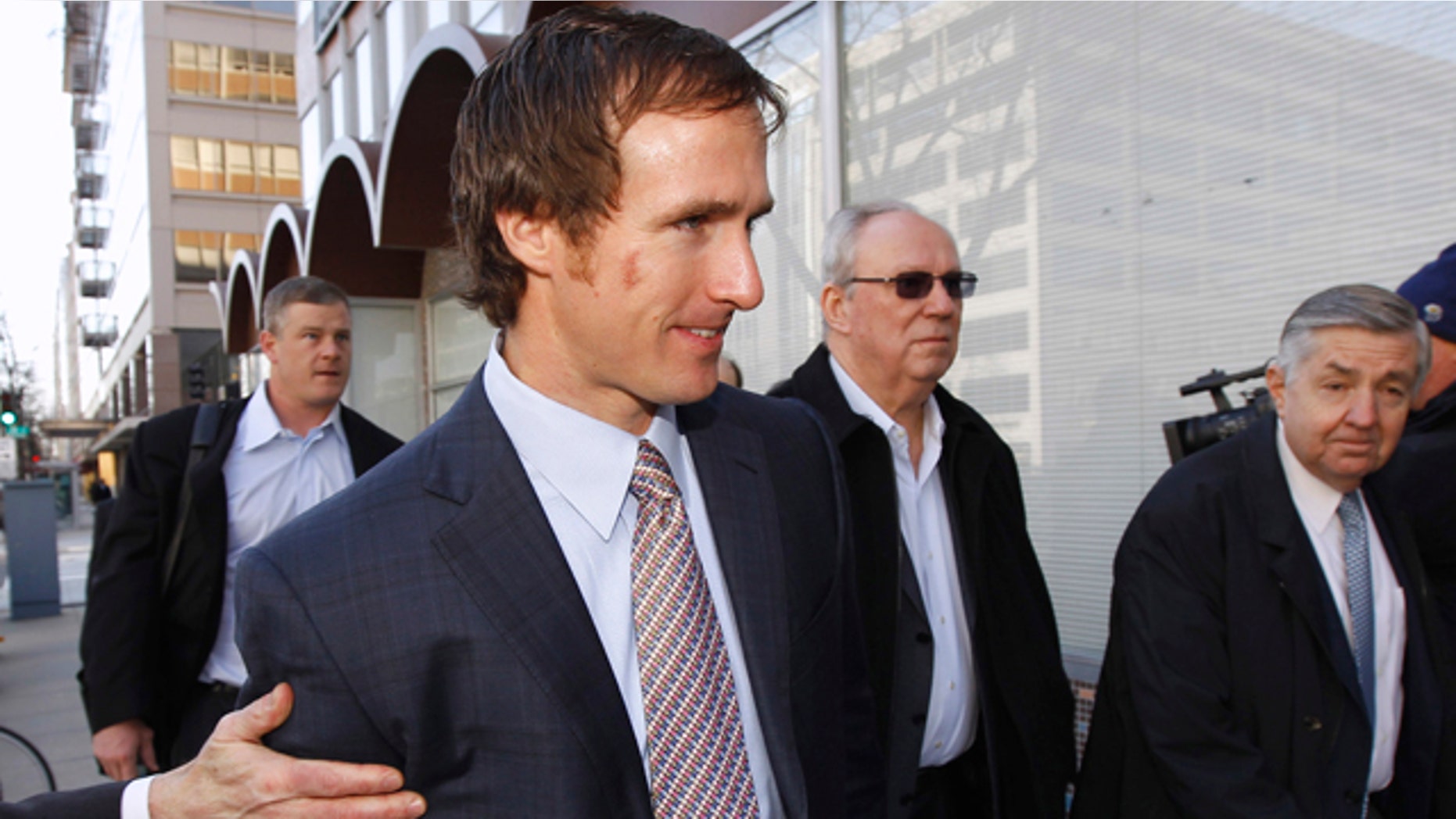 March 2: New Orleans Saints quarterback Drew Brees arrives for football labor negotiations with the NFL involving a federal mediator in Washington.