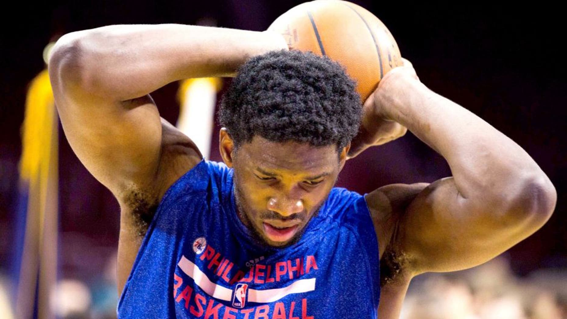 Feb 20, 2015; Philadelphia, PA, USA; Philadelphia 76ers center Joel Embiid (21) during warm ups prior to the game against the Indiana Pacers at Wells Fargo Center. Mandatory Credit: Bill Streicher-USA TODAY Sports