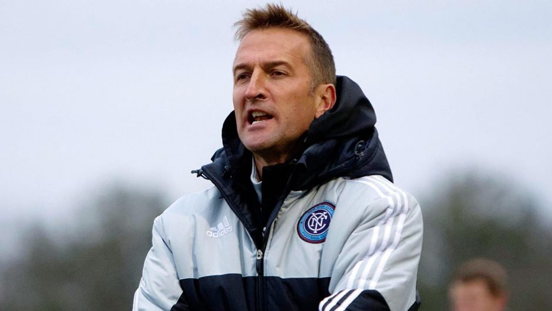 Feb 25, 2015; Charleston, SC, USA; New York City FC head coach Jason Kreis reacts during the first half against the Houston Dynamo at Blackbaud Stadium. Mandatory Credit: Joshua S. Kelly-USA TODAY Sports