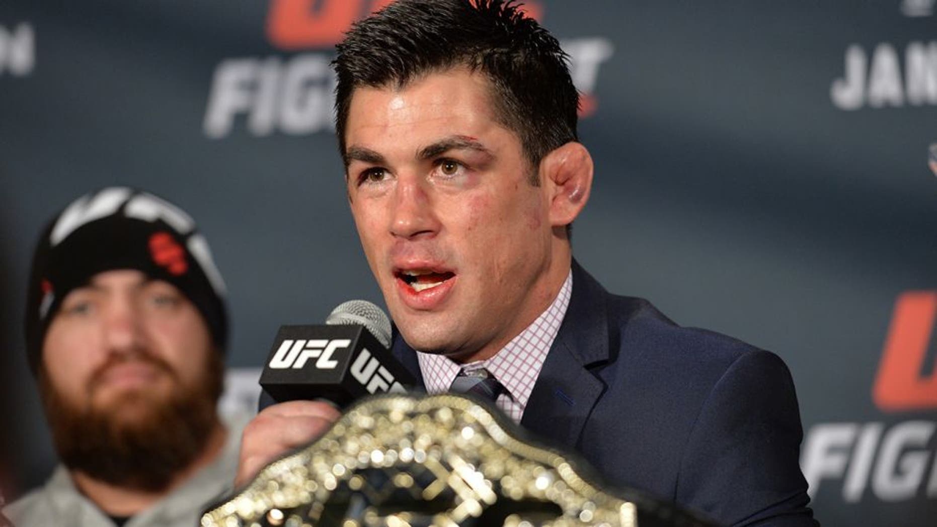 BOSTON, MA - JANUARY 17: Dominick Cruz speaks to the media at the post fight press conference after defeating TJ Dillashaw in their UFC bantamweight championship bout during the UFC Fight Night event inside TD Garden on January 17, 2016 in Boston, Massachusetts. (Photo by Brandon Magnus/Zuffa LLC/Zuffa LLC via Getty Images)